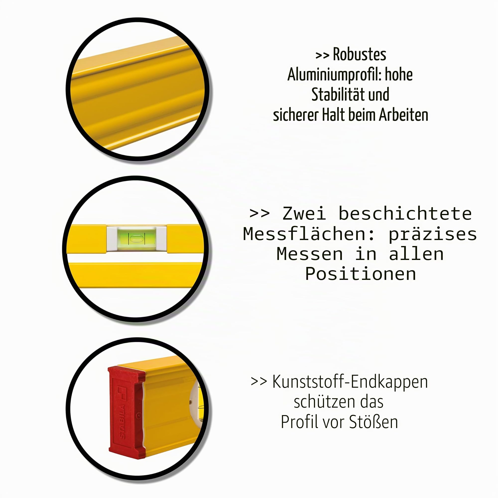 STABILA Wasserwaage Type 80 AS-2, 60 cm, verstärktes Alu-Profil, 1 Horizontal-Libelle, 2 Vertikal-Libellen, integrierte Rutsch-Stopper, Made in Germany