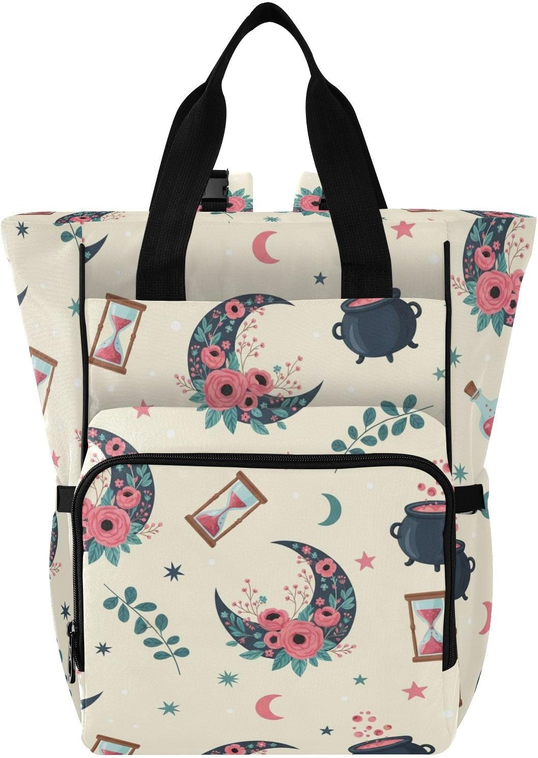 Moon Flower Stars Beige Print Diaper Bag Backpack for Baby Boys Girls Multifunction Baby Essentials Travel Tote with Stroller Straps & Bottle Storage Nappy Changing Bag for Moms Dads Baby Gifts