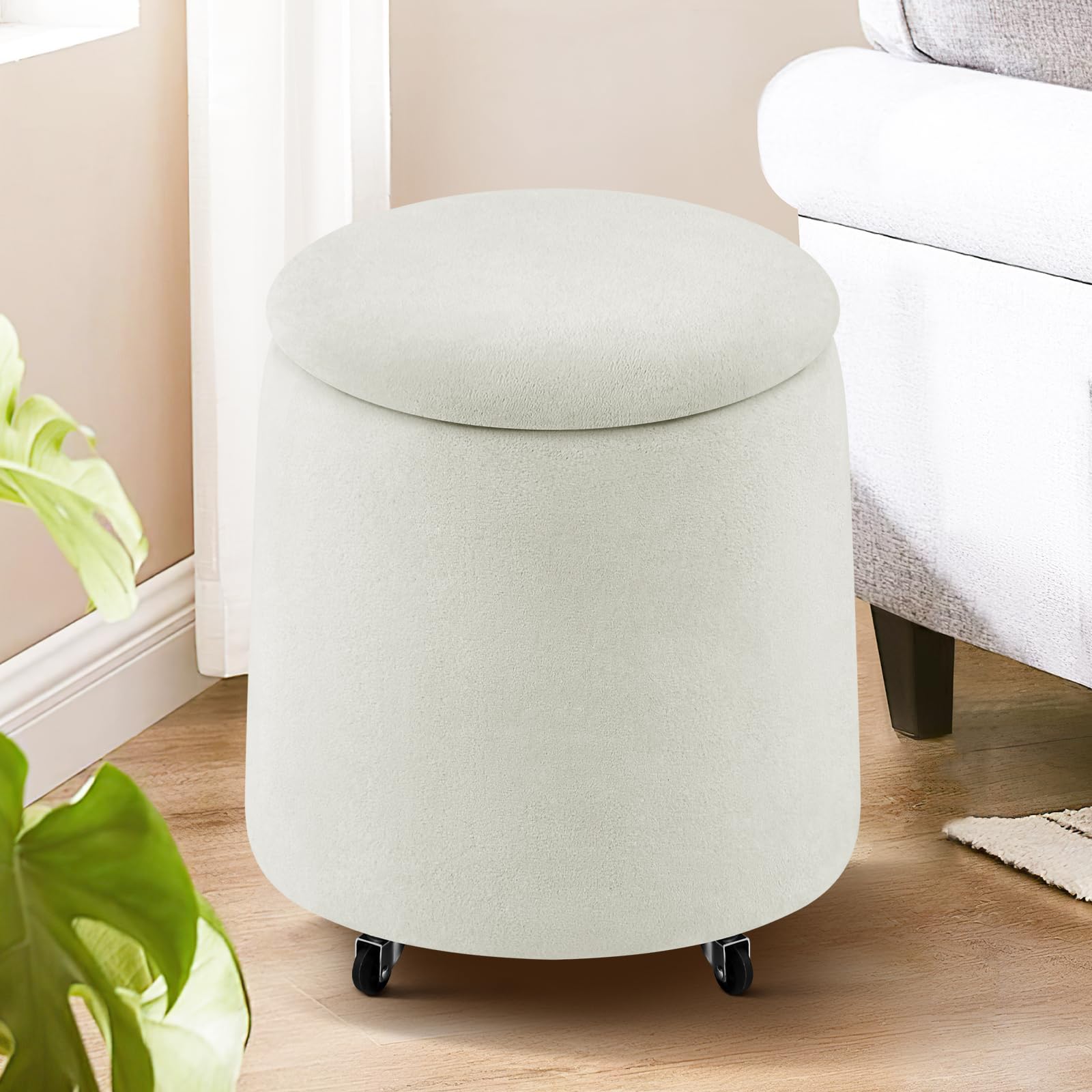 Hellove Puff Almacenaje Bouclé, Redondo Taburete Baúl con Tapa Reversible, Asiento Acolchado, Silla de Maquillaje con Ruedas Ø37 x 45cm para Salón, Dormitorio y Pasillo, Blanco Crema