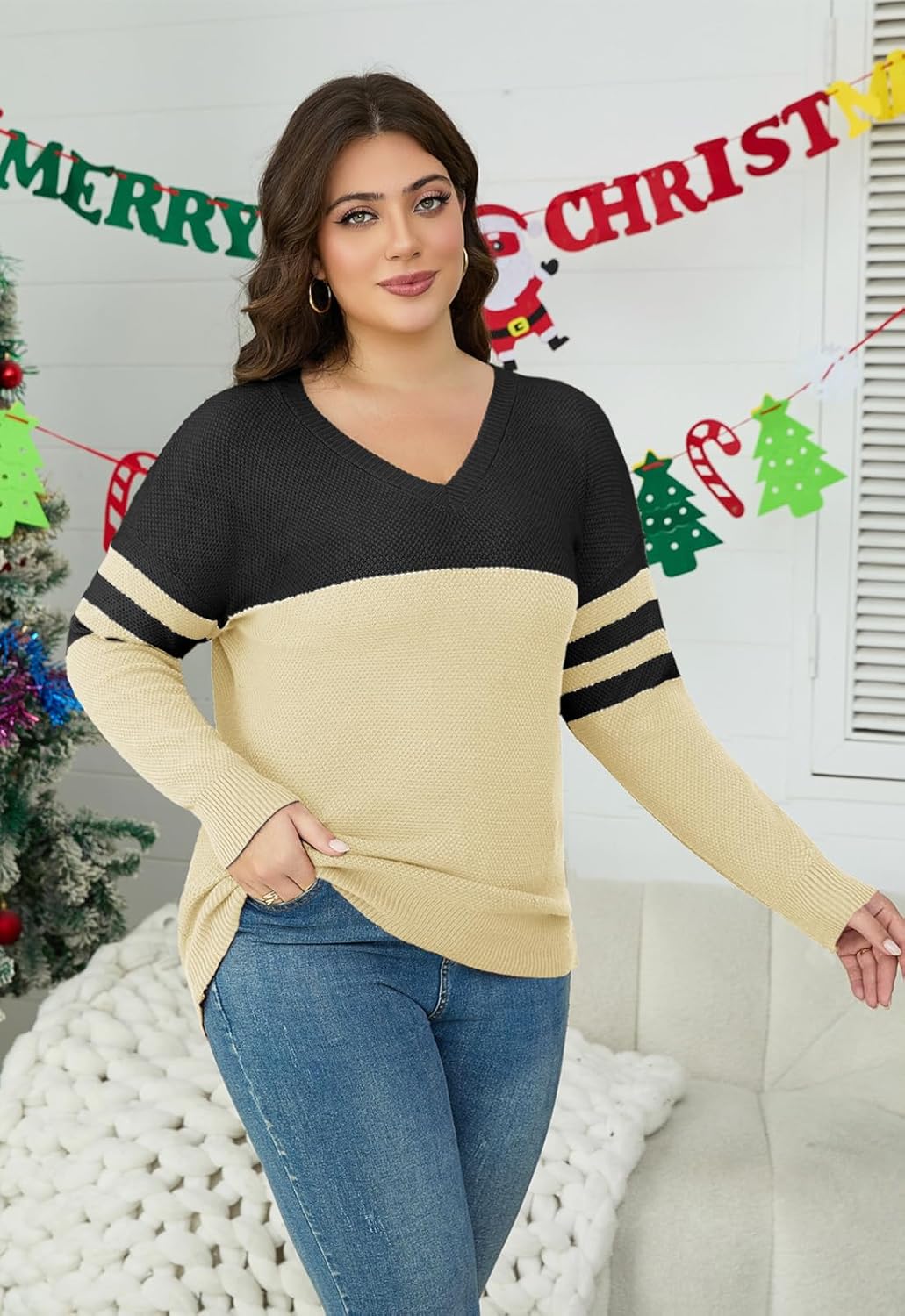 Womens Plus Size V Neck Sweaters Knit Long Sleeve Color Block Lightweight Warm Sweatshirt Pullover Tops Fall Winter Sweater - Image 4