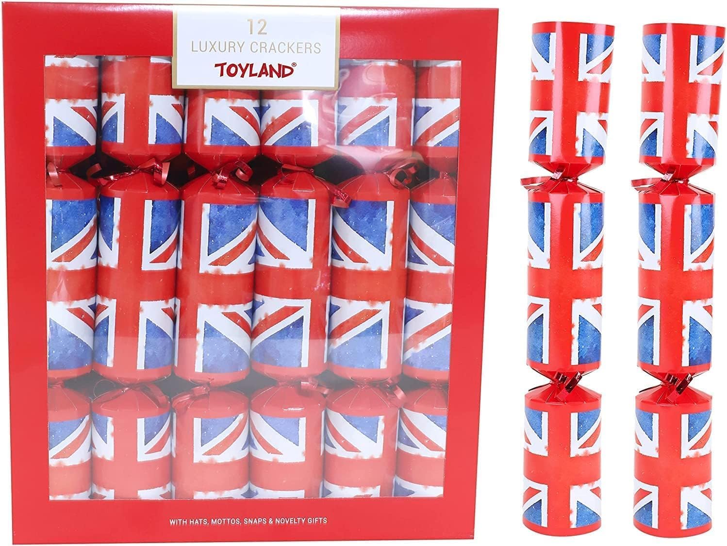 Toyland Red Toyland® 12 Luxury Christmas Crackers - White & Blue Crackers - British Decorations