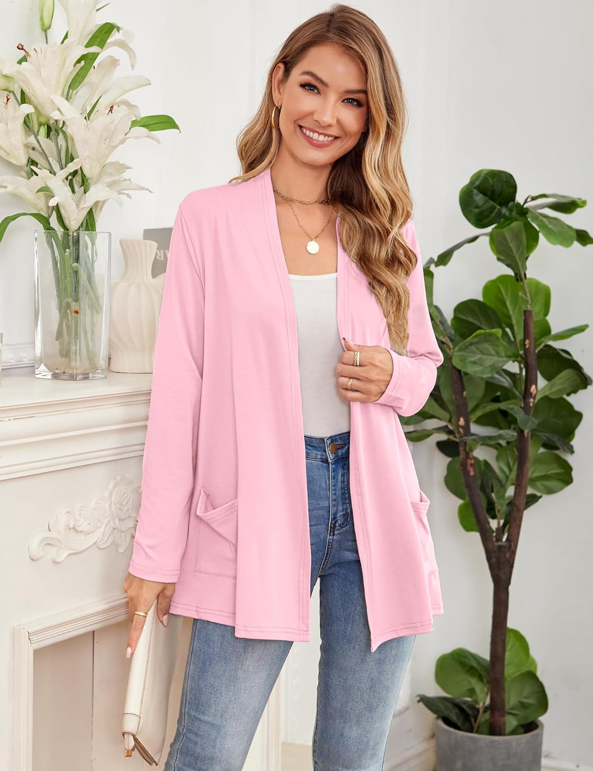 Yekaty Womens Lightweight Cardigans Open Front Long Sleeve Drape Kimono Cardigan Sweaters with Pockets - Image 2