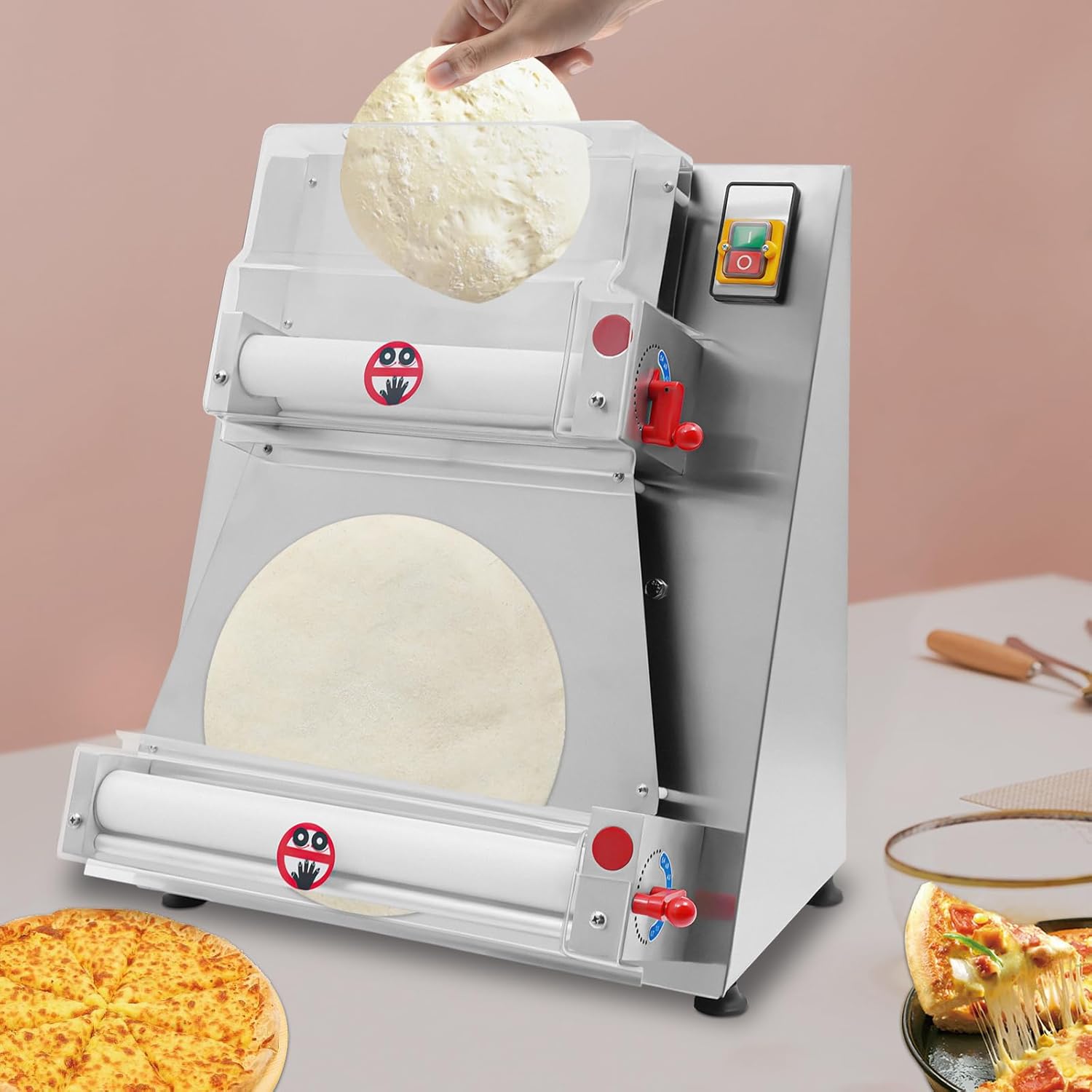 Commercial Pizza Dough Sheeter 370W Automatic Dough Roller Stainless Steel Adjustable Thickness Pizza Press Machine for Home Restaurants Pizza Shops, 110V