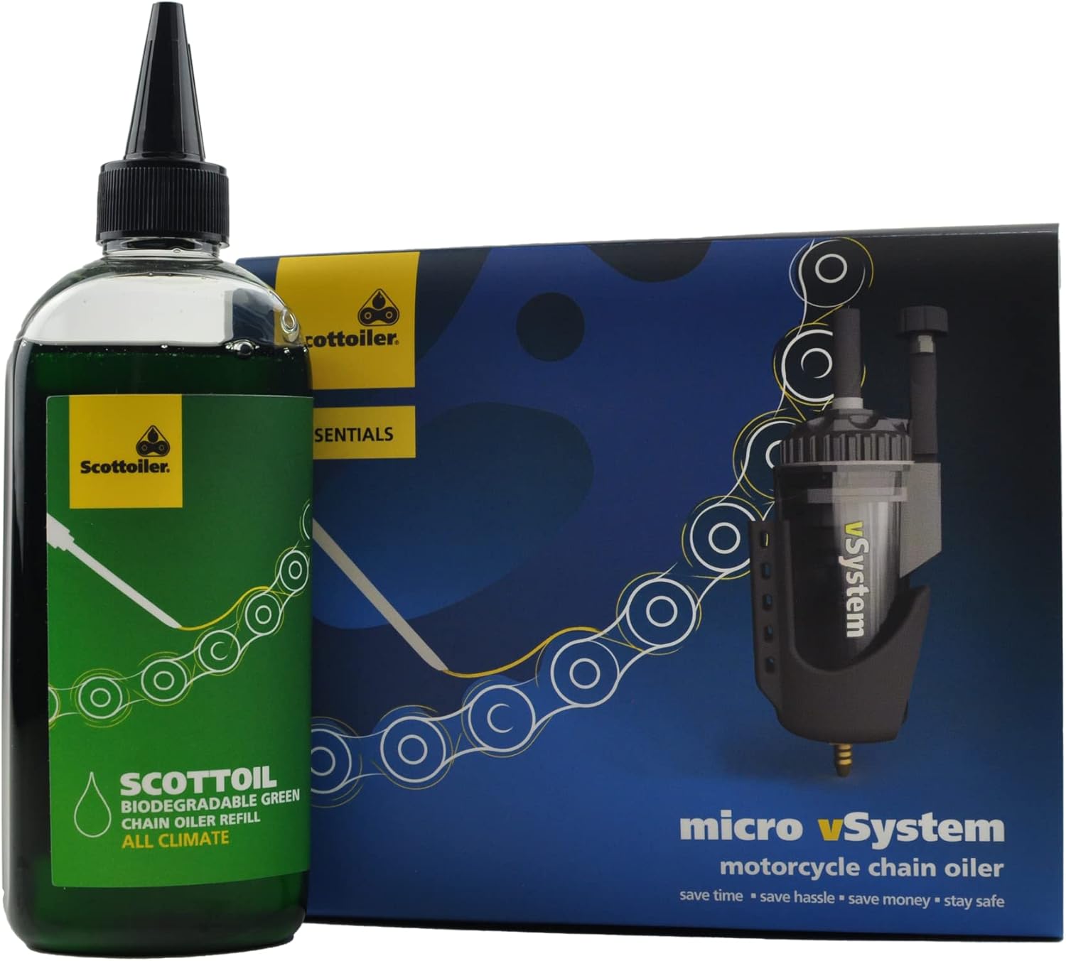 Scottoiler Essentials - Micro-vSystem - Automatic Motorcycle Chain Oiler and 8.4 US fl.oz. All Climate Biodegradable Green Scottoil Refill - Starter Kit Bundle