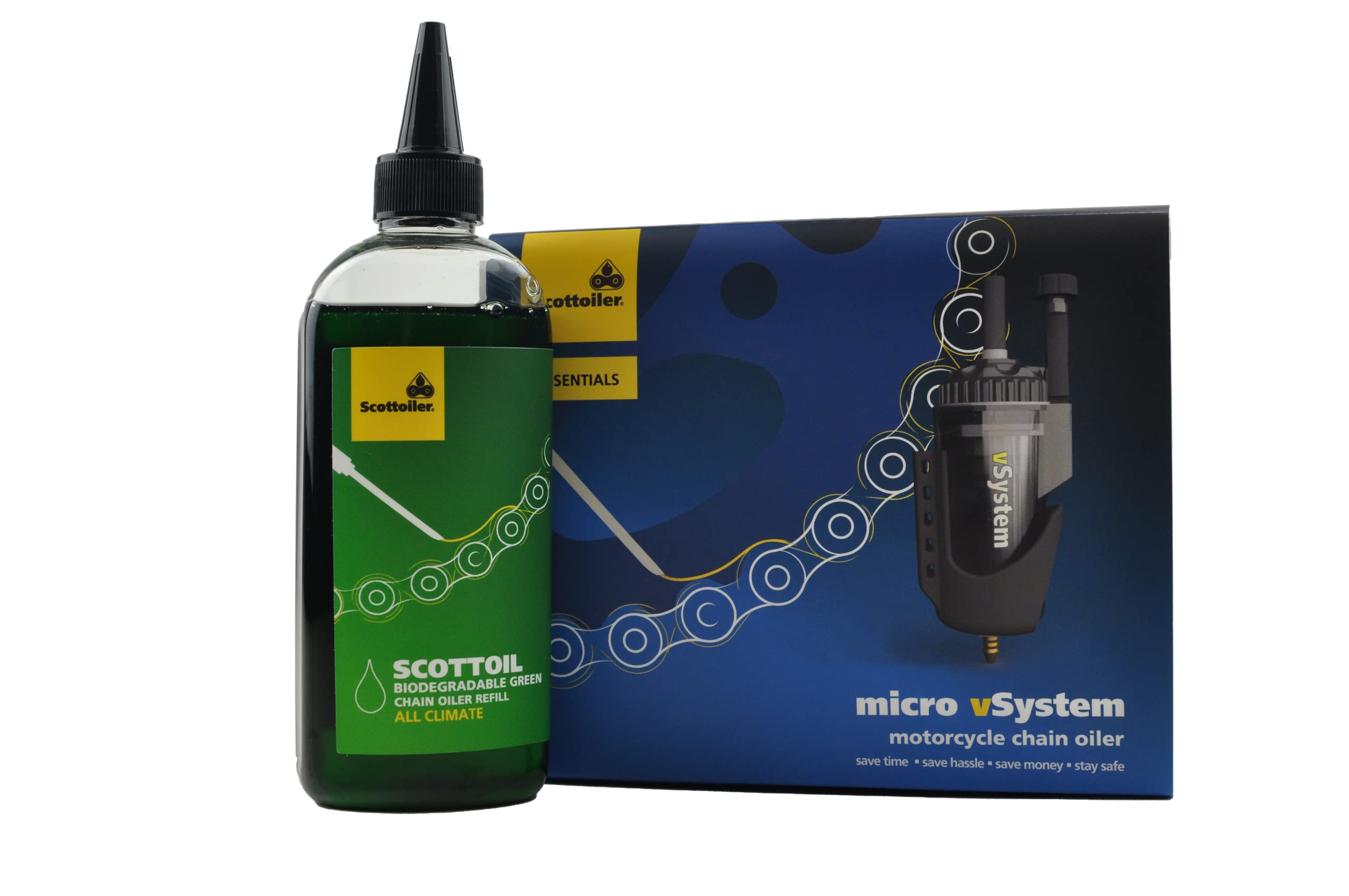 Scottoiler Essentials - Micro-vSystem - Lubrificatore Automatico della Catena del Motociclo e Ricarica da 250ml di Scottoil Verde Biodegradabile All Climate - Bundle Kit Starter