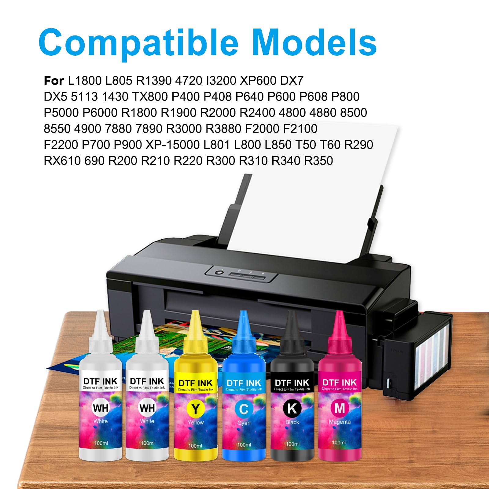 DTF Ink,DTF Encre 600ml pour DTF Film Compatible pour Epson ET-8550,ET-8500,ET-2850,XP-15000,XP600,DX7,DX5,R2400,R1390,L1800,L800,1430,1400,I3200 (100MLX 6,2WH/C/M/Y/K)