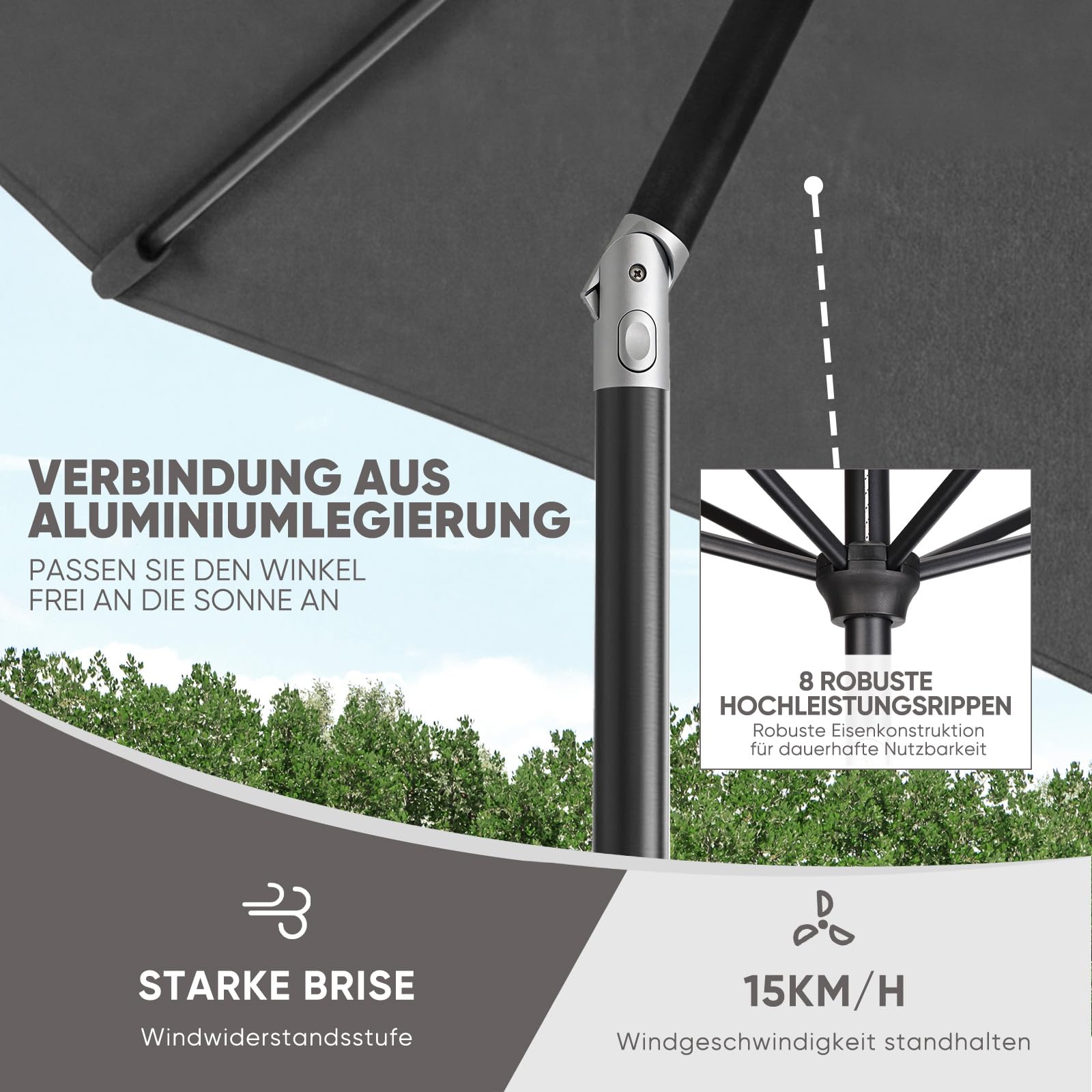 Sekey Sonnenschirm 300 cm mit Kurbel, Gartenschirm wasserabweisend, Balkonschirm UV-Schutz bis UPF 50+, Terrassenschirm neigbar & 8 Streben für Garten, Balkon & Terrasse, Grau
