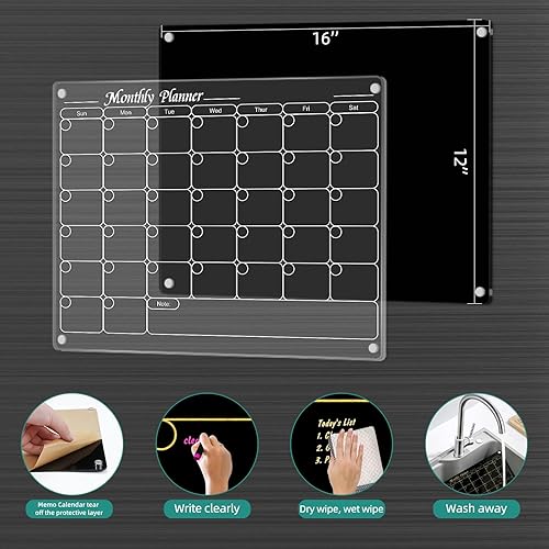Miniatura 3 de Calendario acrílico magnético para refrigerador, 2 piezas, calendario acrílico para refrigerador, pizarra magnética de borrado en seco, 16 x 12