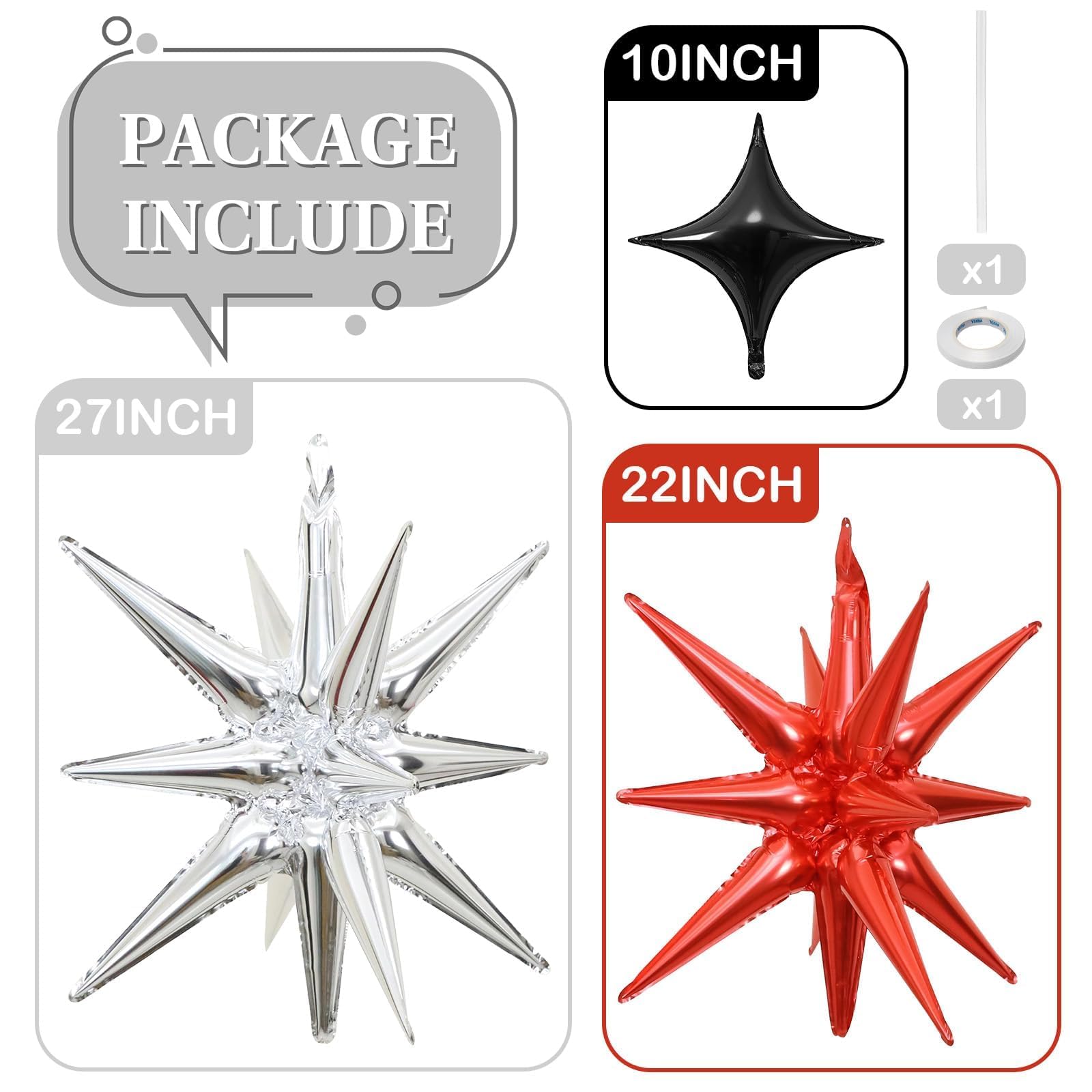 Black Red Silver Star Balloons 12pcs, One-Piece, 27/22 Foil Inch Star Explosion Balloons, Large Spike Mylar Cone Balloon - Image 3