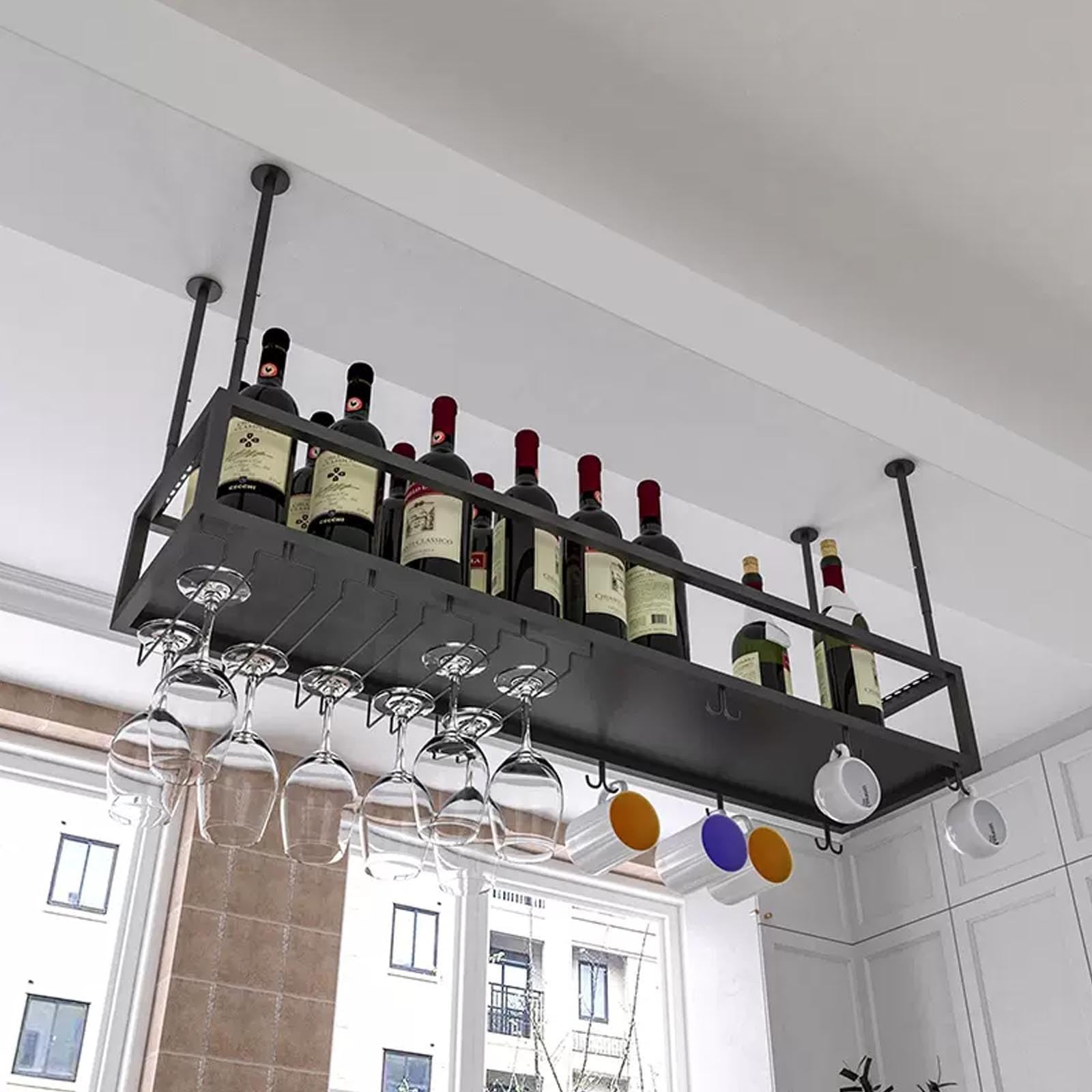 Botellero de Metal Moderno para Vino: Estante de Almacenamiento para Colgar en el Techo, para Bar en casa, Soporte Flotante para Copas de Vino, Estilo cafetería (Negro, 100 cm)