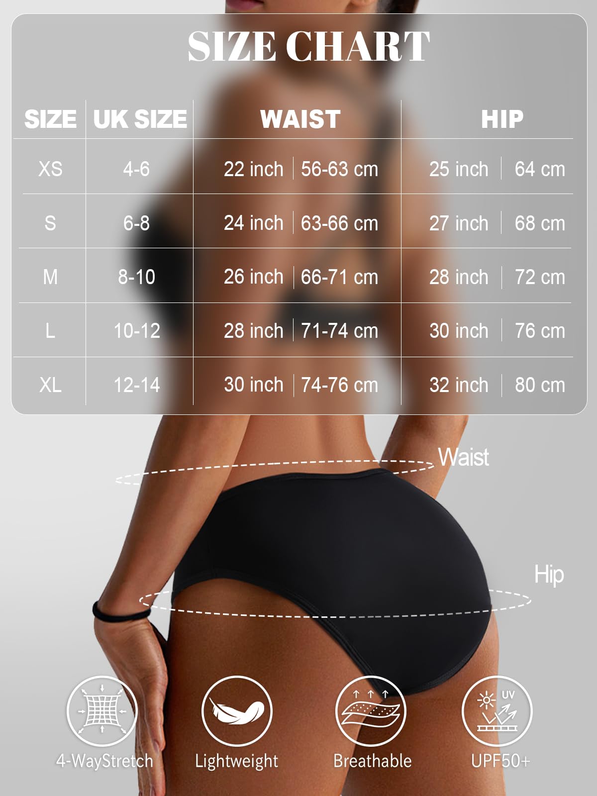 Periods Traje de baño para nadar Mujer 4 capas a prueba de fugas Pantalones Periódicos Bikini Menstrual Negro Flujo de luz
