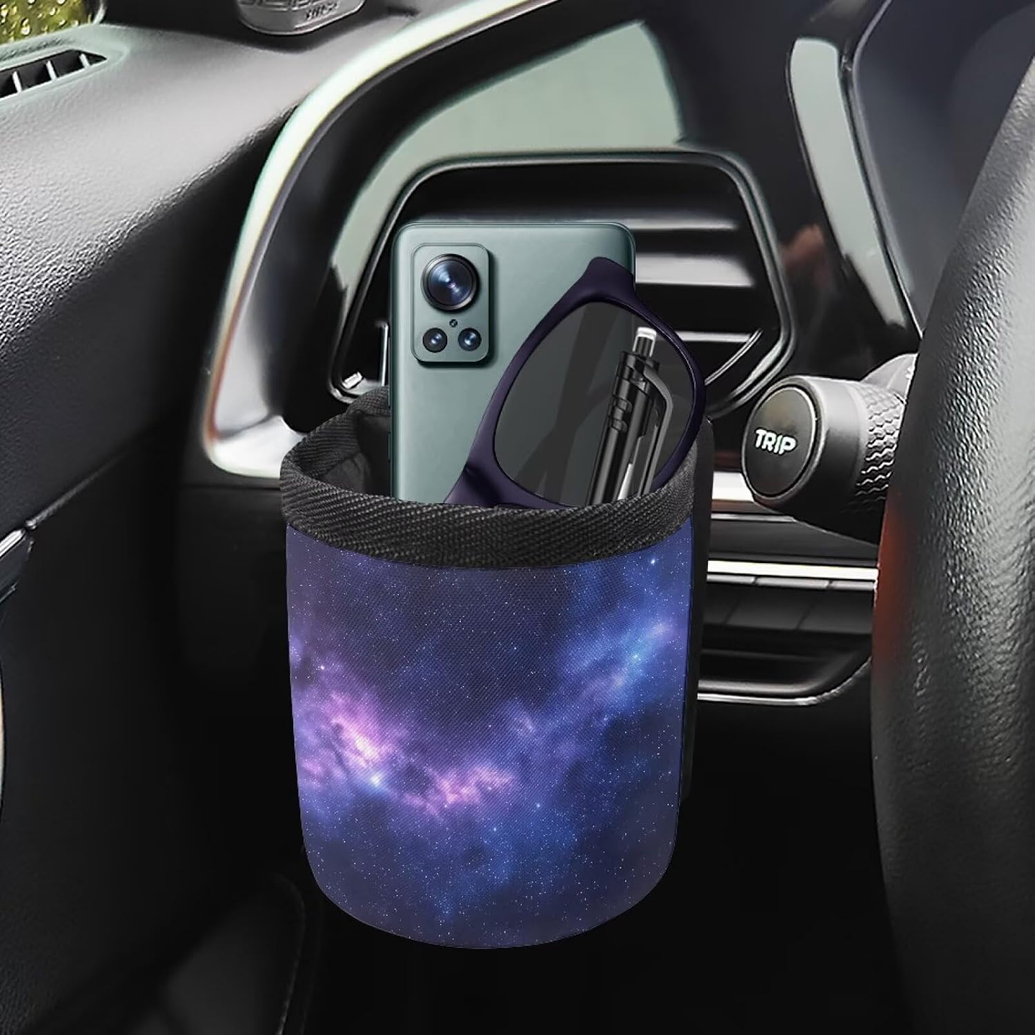 Renewold Universal Car Air Vent Mount Storage Organizer Bag Blue Galaxy Space Fashion Coin Mobile Phone Holder Box Auto Portable Pouch Pocket Vehicle Hanging Container Case for Glasses with Hook
