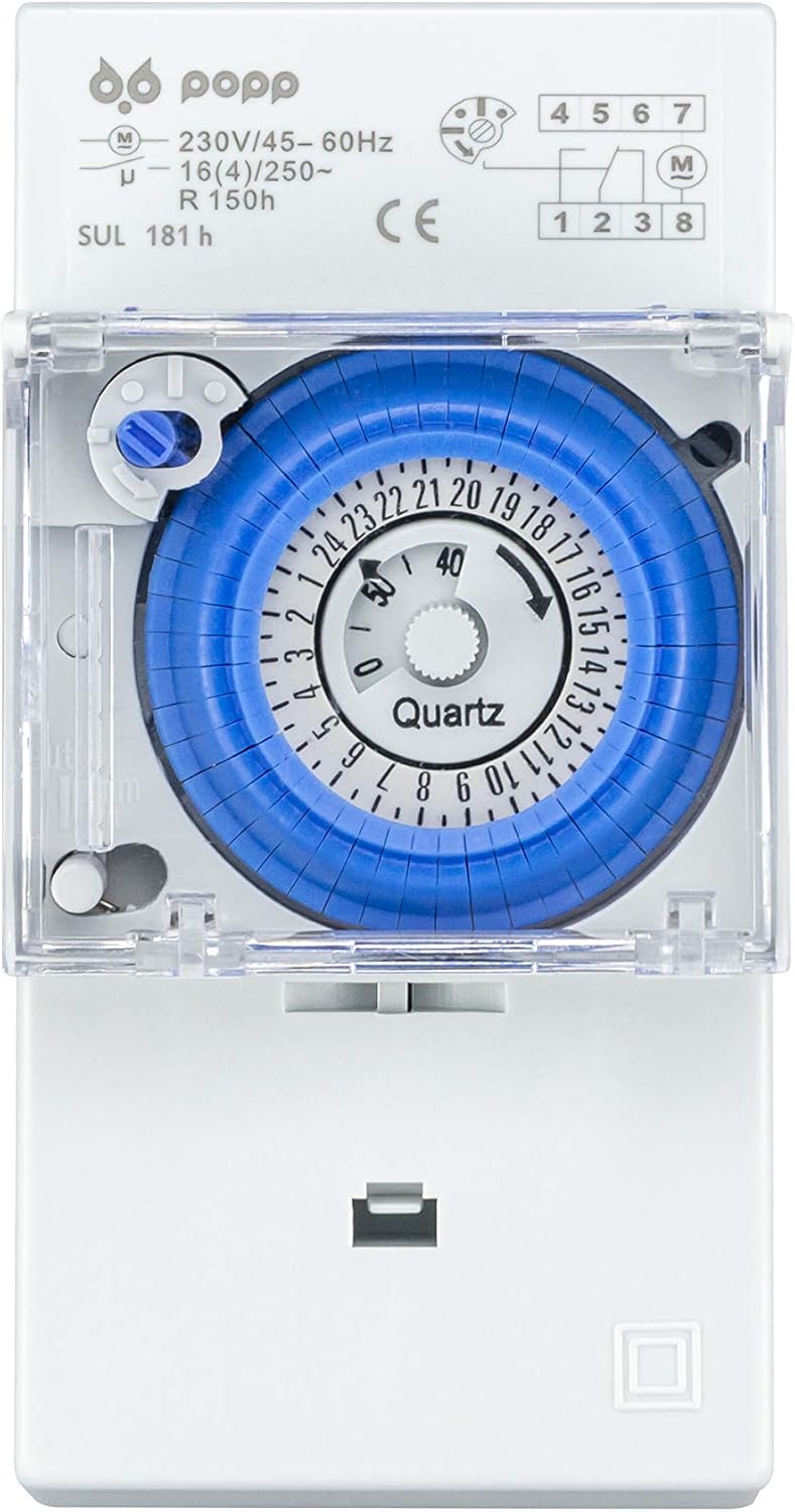 Front view of Popp SUL-181H timer with dial and wiring diagram