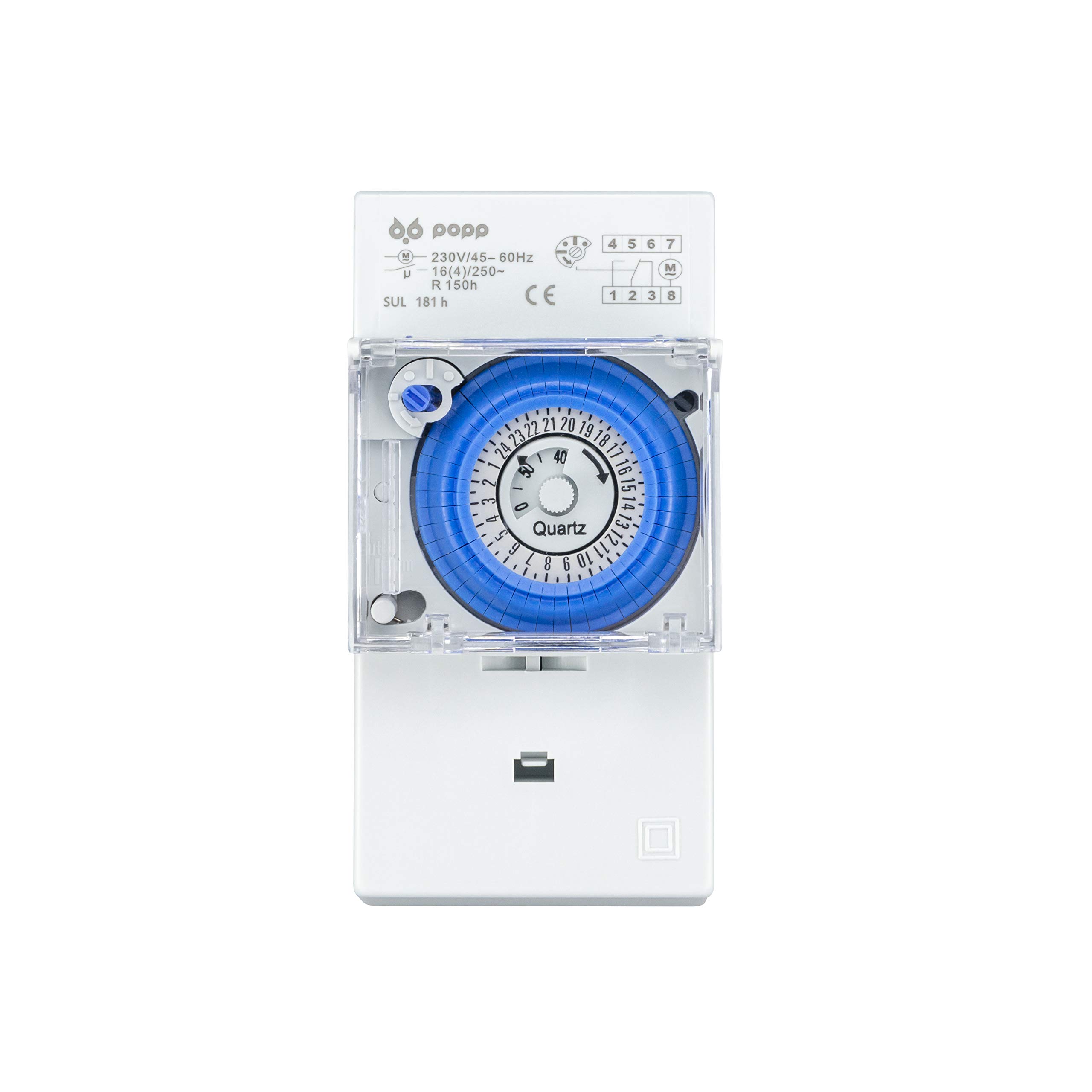 POPP® Electric Temporizador Reloj analogico SUL-181H 230 V 45 – 60 Hz 24 Horas 35 mm DIN Rail (Pack 1 Unidad)