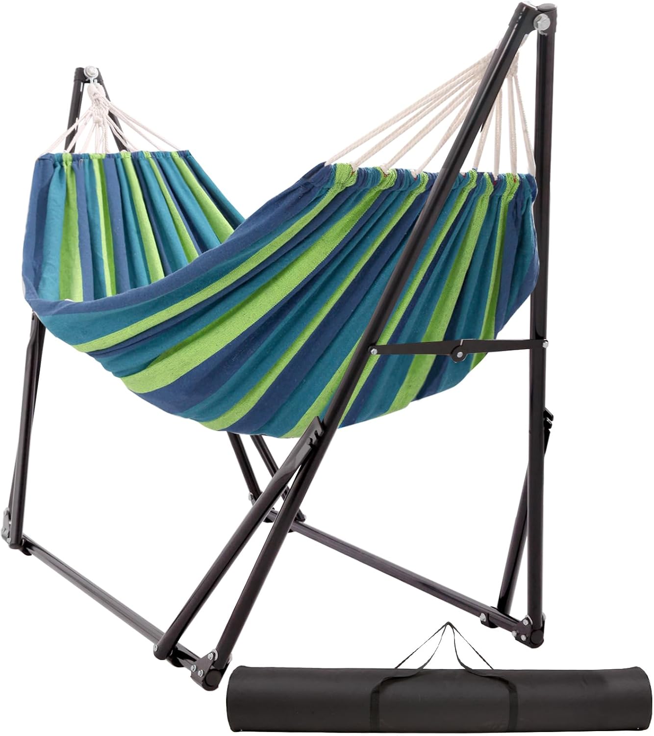 Hammock with Foldable Steel Stand,Frabic Tension Adjustable,Carrying Bag Included, 616 lbs Weight Capacity, Portable Suitable for Outside Garden Yard Outdoor Inhouse Cyan