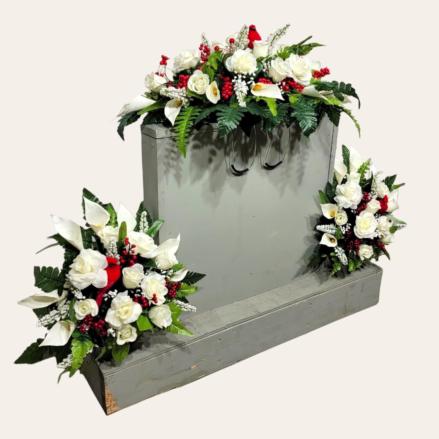 Realistic Artificial Cemetery Flowers - Silk Faux Floral Cream Rose and Calla Lily with Red Bird and Berries - Bouquet Pair for Grave - Headstone Saddle - Memorial Flowers