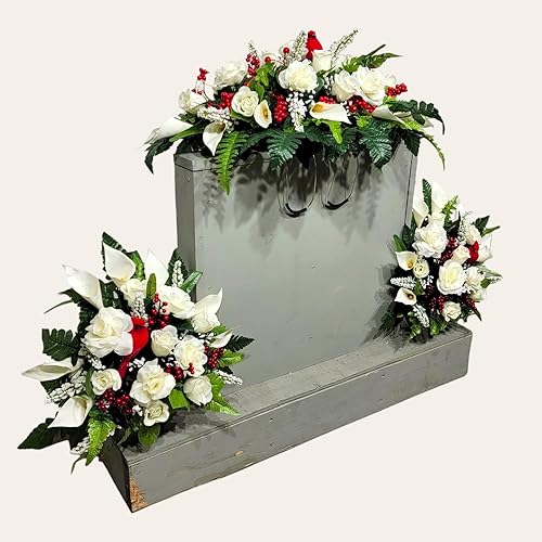 Miniatura 4 de Realistic Artificial Cemetery Flowers - Silk Faux Floral Cream Rose and Calla Lily with Red Berries and a Cardinal - Bouquet Pair for Grave -