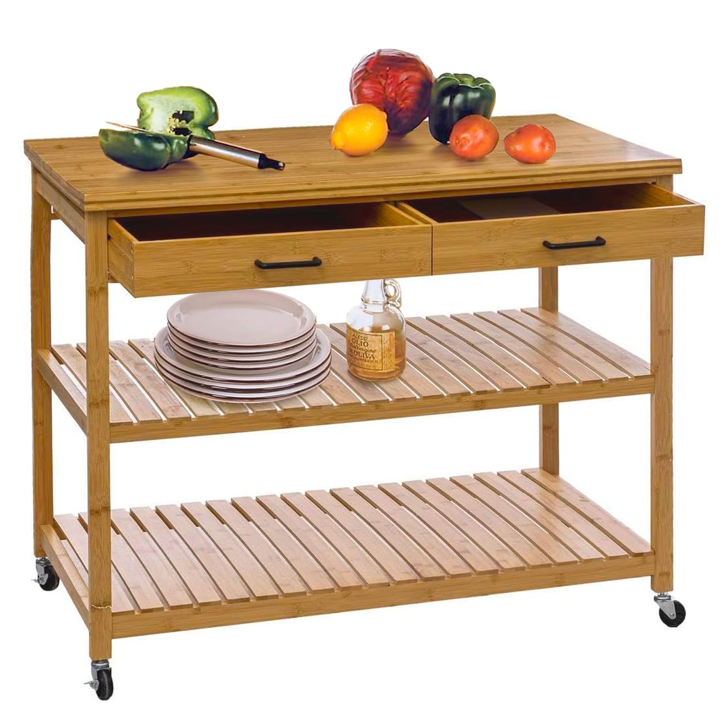 Avilia Isola Carrello da Cucina in Bambù 3 Livelli con Ruote 90x108x85 cm - Piano Lavoro Superiore due Scaffali di Appoggio e due Cassetti Ideale sia per Cucinare che per Riporre Oggetti e Utensili