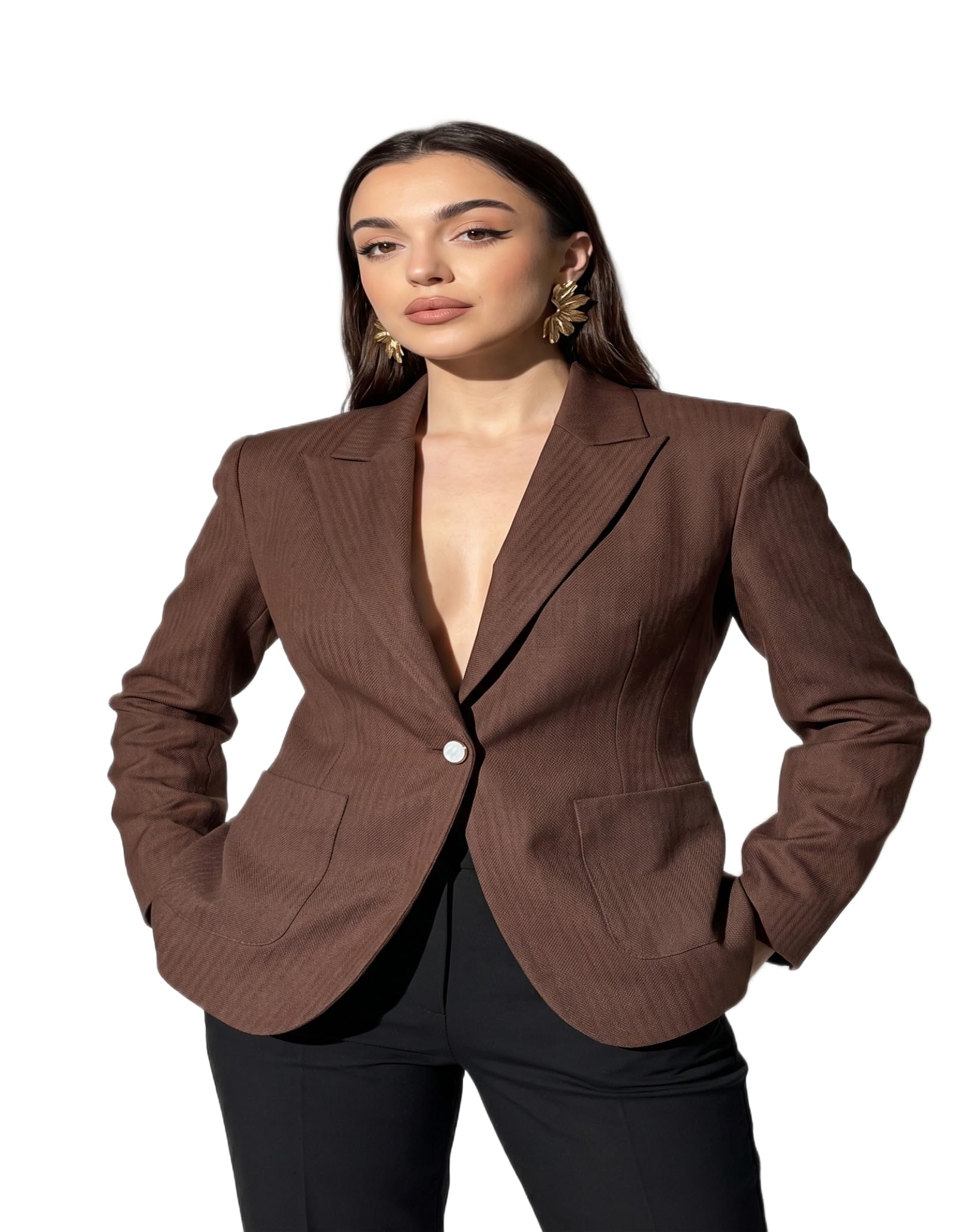 Women's Refined Blazer Jacket – Warm Brown Tone, Flap Pocket, All-Season Wear-image-17