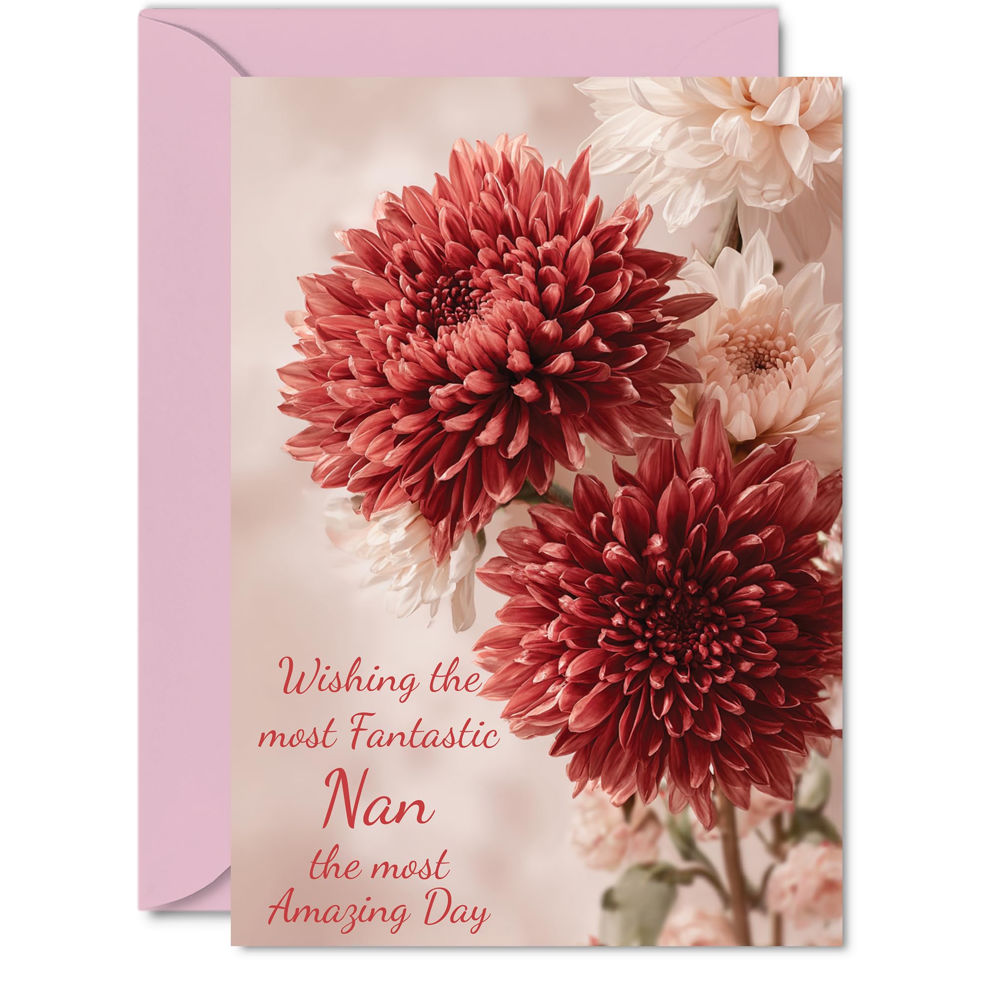 Nan Birthday Card - Red Chrysanthemums - Happy Birthday Card for Nan from Grandson Granddaughter, A5 Red Flowers Bday Greeting Cards