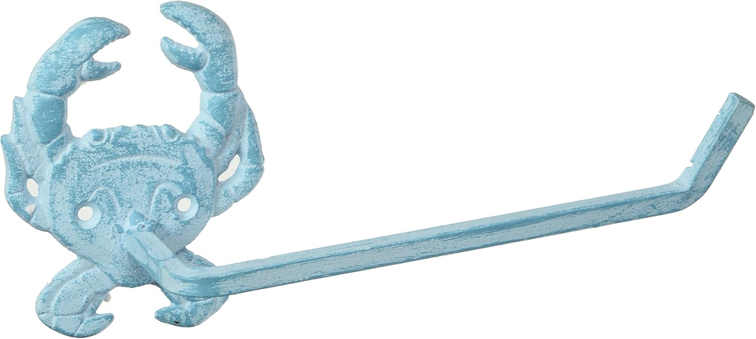Hampton Nautical Light Blue Whitewashed Cast Iron Crab Toilet Paper Holder 10" Bathroom Decoration-Beach Home