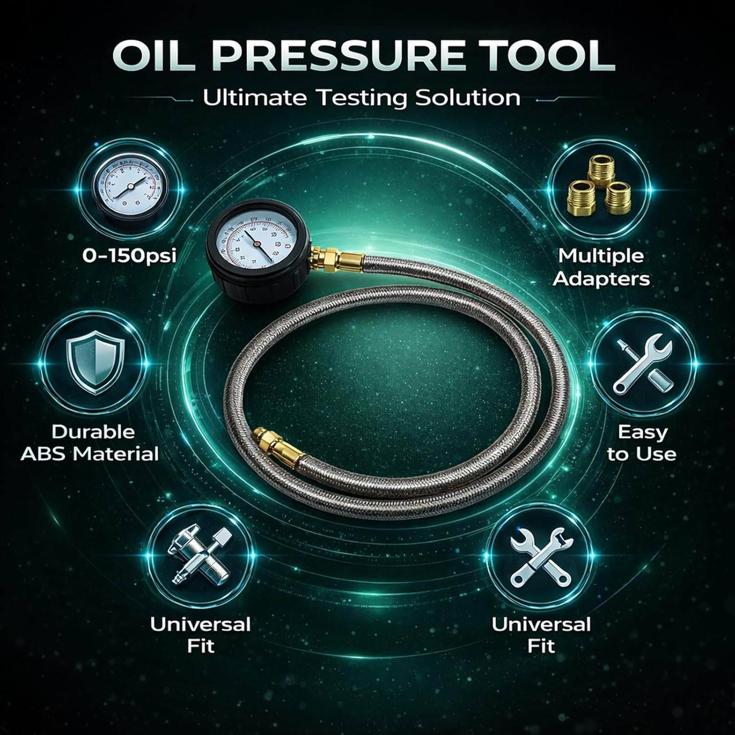 Oil Pressure Test Tool with 15 Adapters, 0 to 150psi Gauge Scale, Flexible Tube - Durable Construction, Precise Diagnostics, Universal for Vehicles