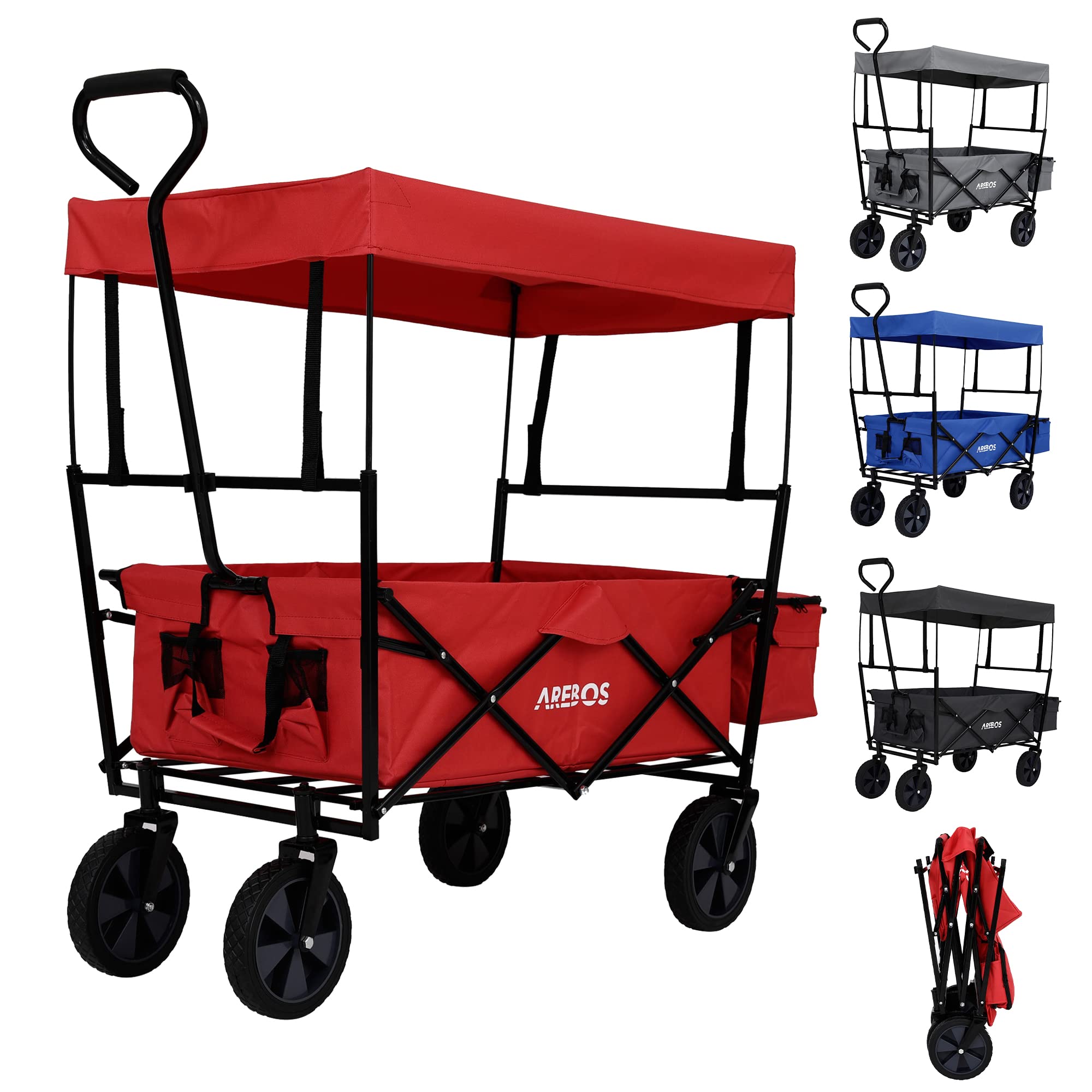 Arebos Chariot de Transport Pliable avec Toit| 2X Poches en Filet et 1x Poche extérieure | pneus Pleins en Caoutchouc | XXL | capacité de Charge de 70 kg | Rouge