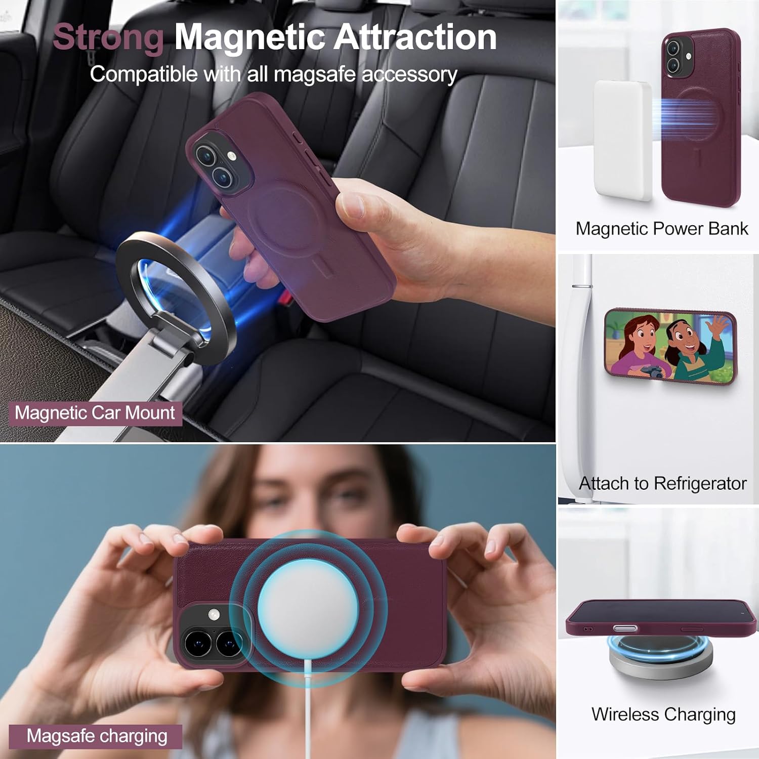 2 in 1 for iPhone 16 Wallet Case Magnetic Compatible with Magsafe RFID Blocking Card Holder Detachable Phone Cover Zipper Purse Kickstand Wrist Strap for Men Women 6.1" 2024 Quilted Burgundy