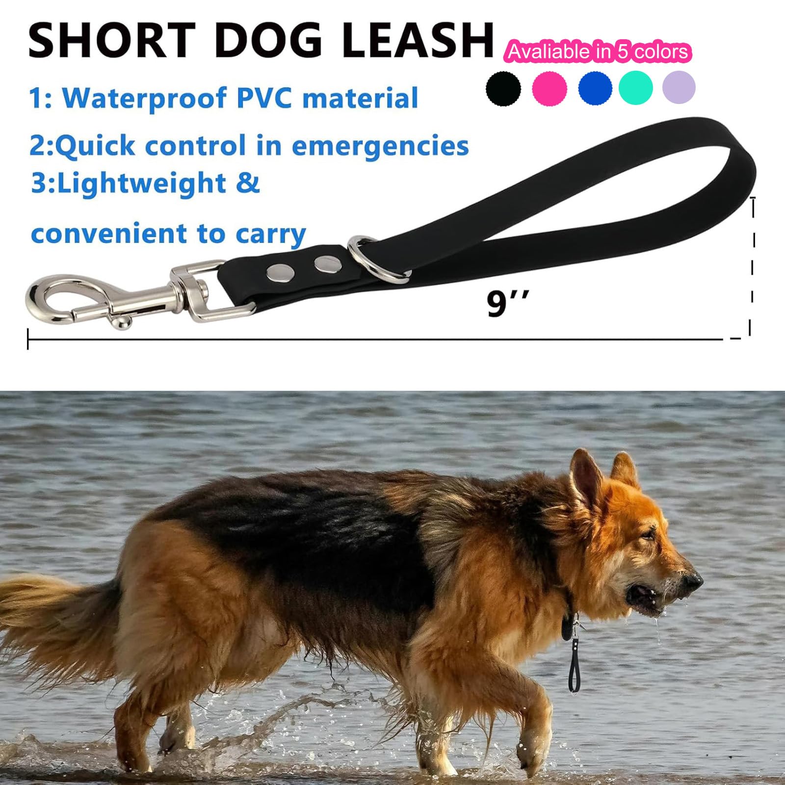 Correa corta para perro, correa verde de 9 pulgadas, resistente al agua, PVC, correas de tráfico para entrenamiento de perros, control de seguridad, corrección de comportamiento, senderismo, respaldo