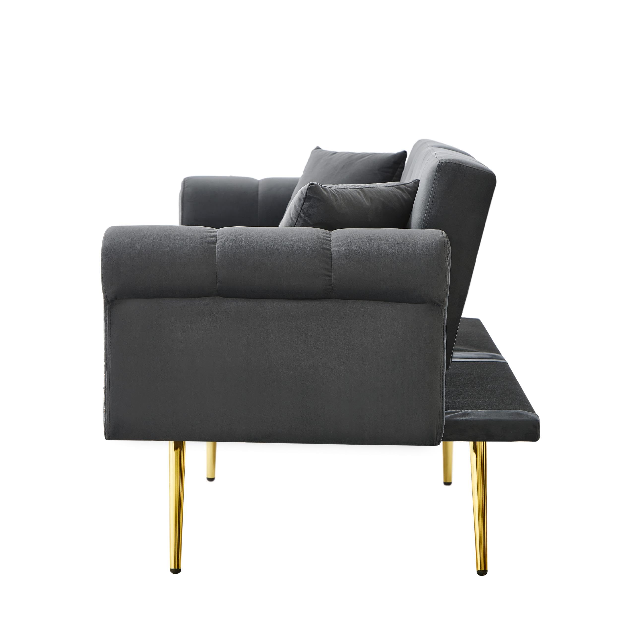 Sofá cama moderno de 2 plazas, funda de terciopelo, respaldo ajustable en 3 niveles, patas doradas, elegante dormitorio, ahorra espacio, resistente (gris)