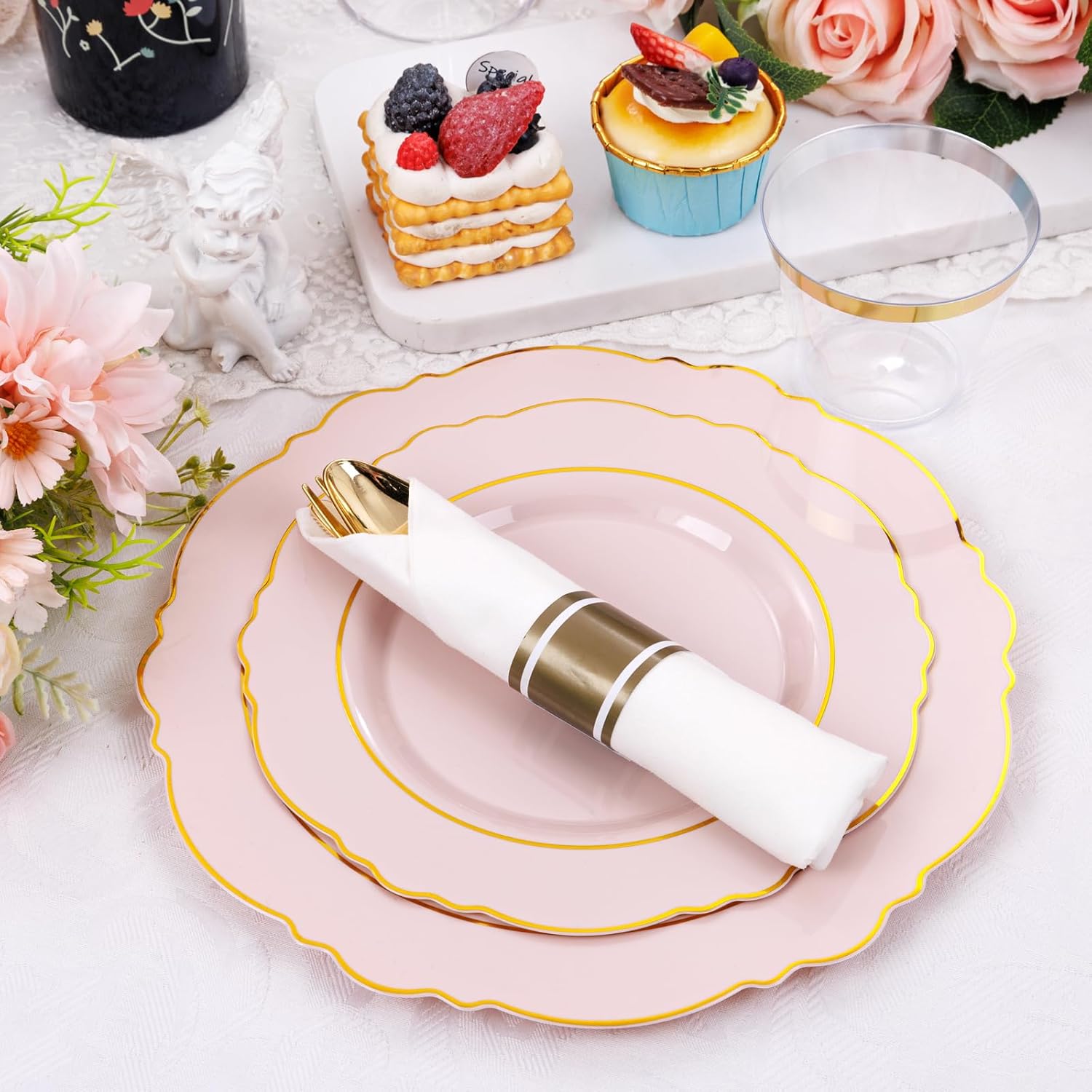 Liacere 175PCS Pink Plates Disposable - Pink and Gold Plates 25guest Baroque Plastic Dinnerware include 150Plates, 25Pack Pre Rolled Napkins with Silverware 25Cups Perfect for Easter Day