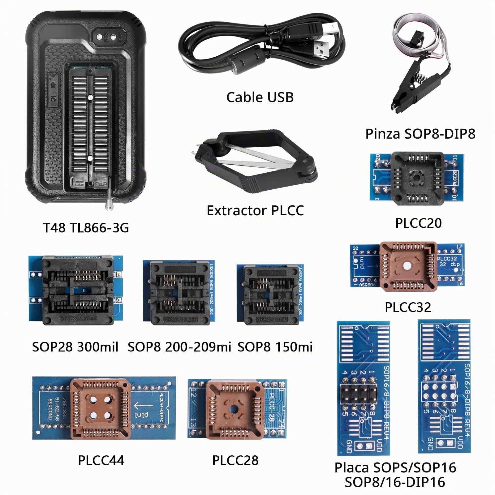 Programador USB universal, programador T48 Mini Pro con 10 adaptadores, SOP8 a DIP8, para programador eprom SPI/Nor/NAND Flash/EMMC/IC Tester con puerto ICSP