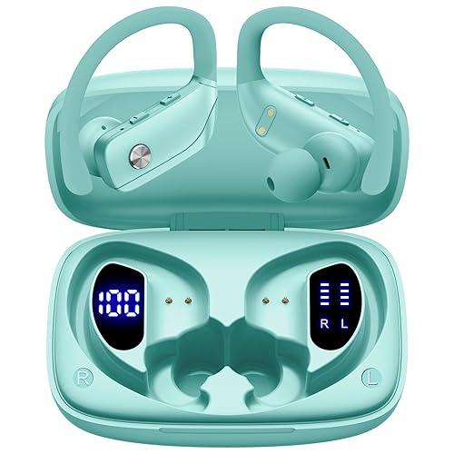 bmani Ear Buds Wireless Earbuds Bluetooth Headphones with 80H Playtime LED Display Case, Over-Ear Hook with Mic, Stereo Sound, Easy Button Controls, Sports Earphones for Running Workout Gym Mint Green - Mint Green