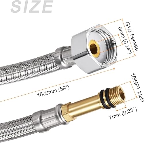 Miniatura 2 de METALLIXITY Conectores de línea de suministro de grifo (1500mm59") 2 piezas, acero inoxidable 304 hembra G12 a conector macho de manguera de