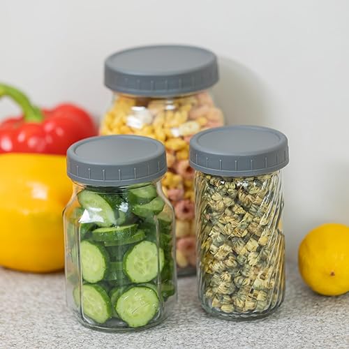 Miniatura 9 de Bedgeta Paquete de 14 tapas de plástico negro para tarros Mason con anillos de silicona, 7 bocas anchas y 7 tapas de conservas de boca regular para