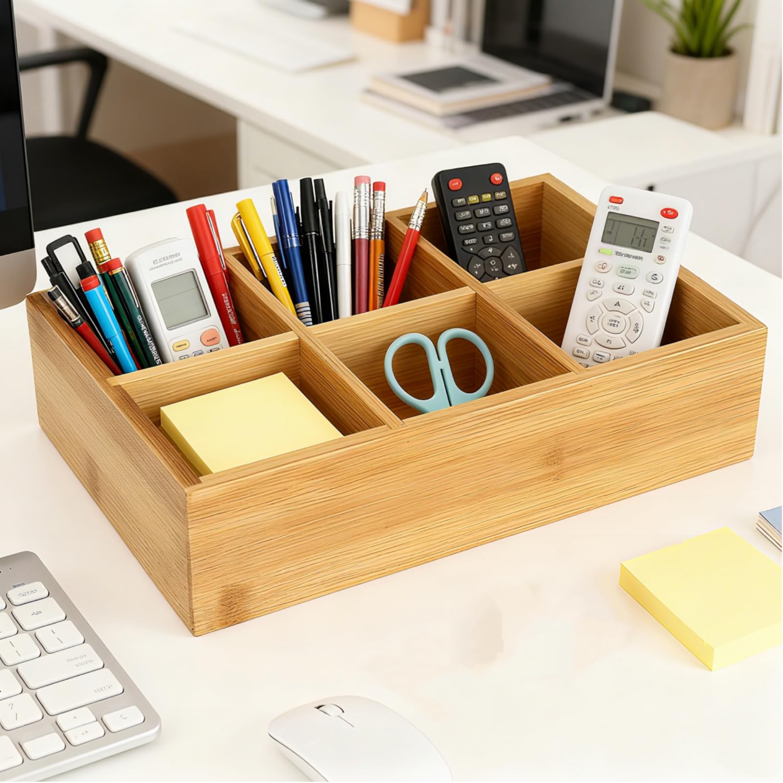 Dicunoy Paquete de 2 cajas de té de bambú, organizador de almacenamiento compacto de madera, 6 secciones divididas cajón organizador para bolsas de té, café, azúcar, edulcorantes y paquetes pequeños