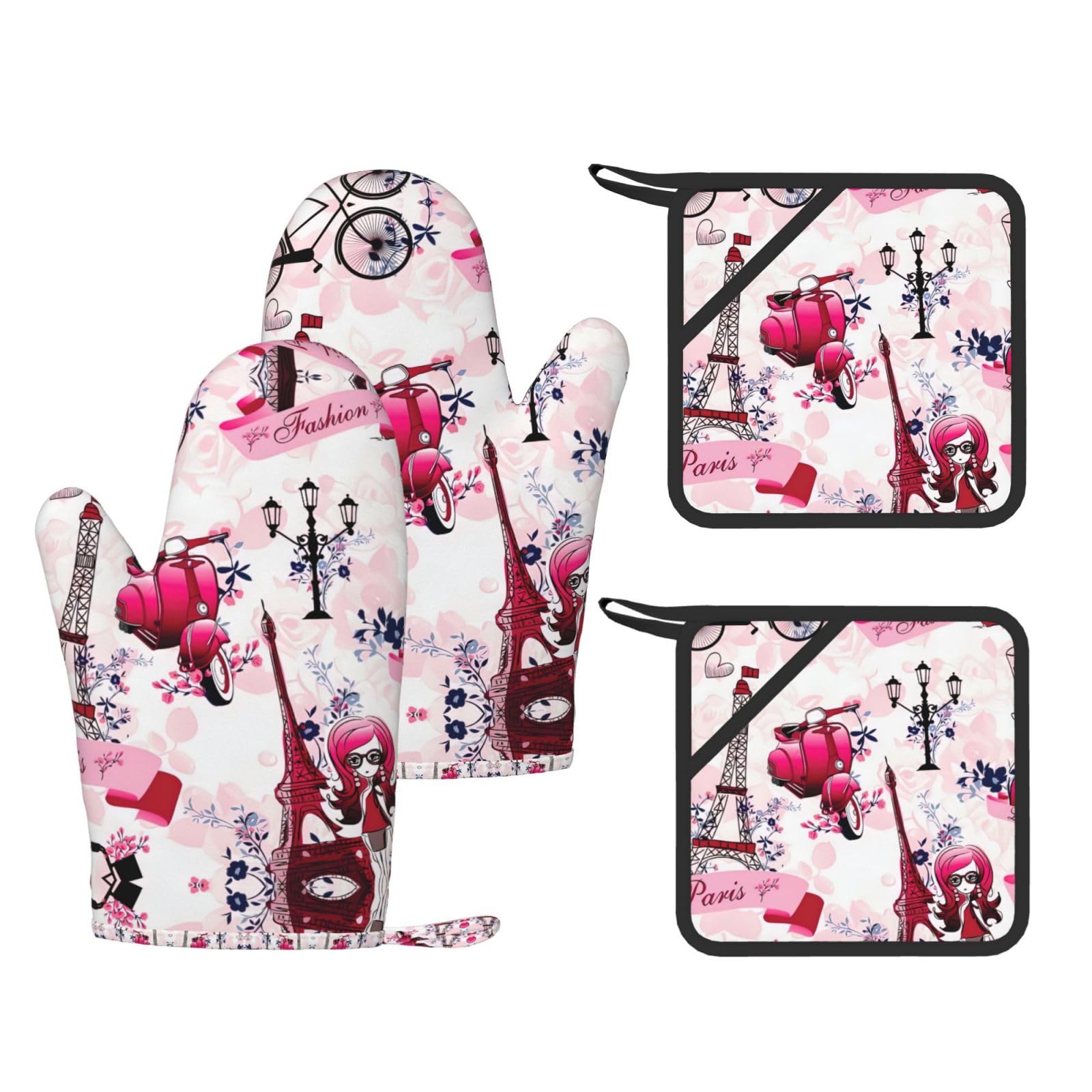 Paris Eiffel Tower France Printed Oven Mitts with Pocket and Hot Pads, Silicone Non-Slip Kitchen Gloves for Baking BBQ