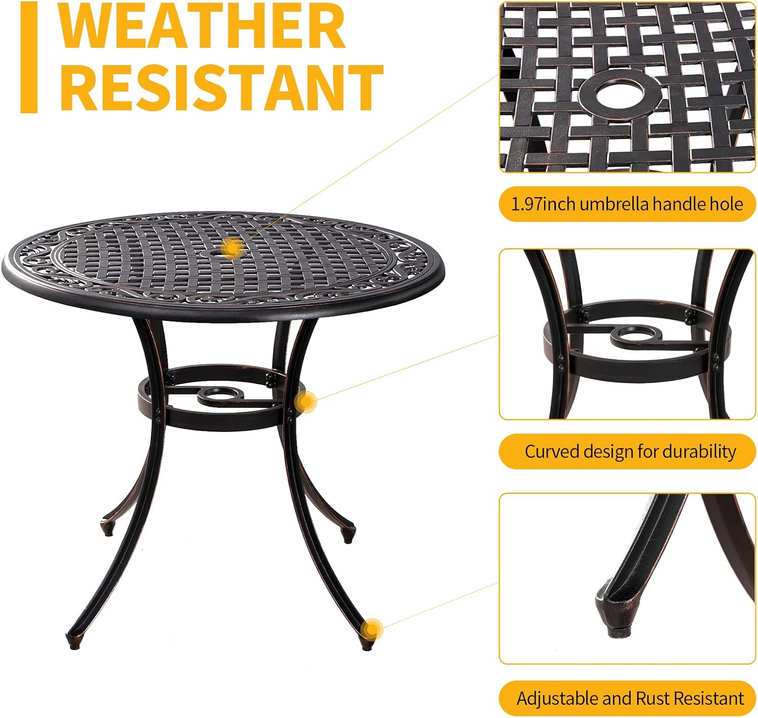 Bronze Round Cast Aluminum Patio Bistro Table with Umbrella Hole