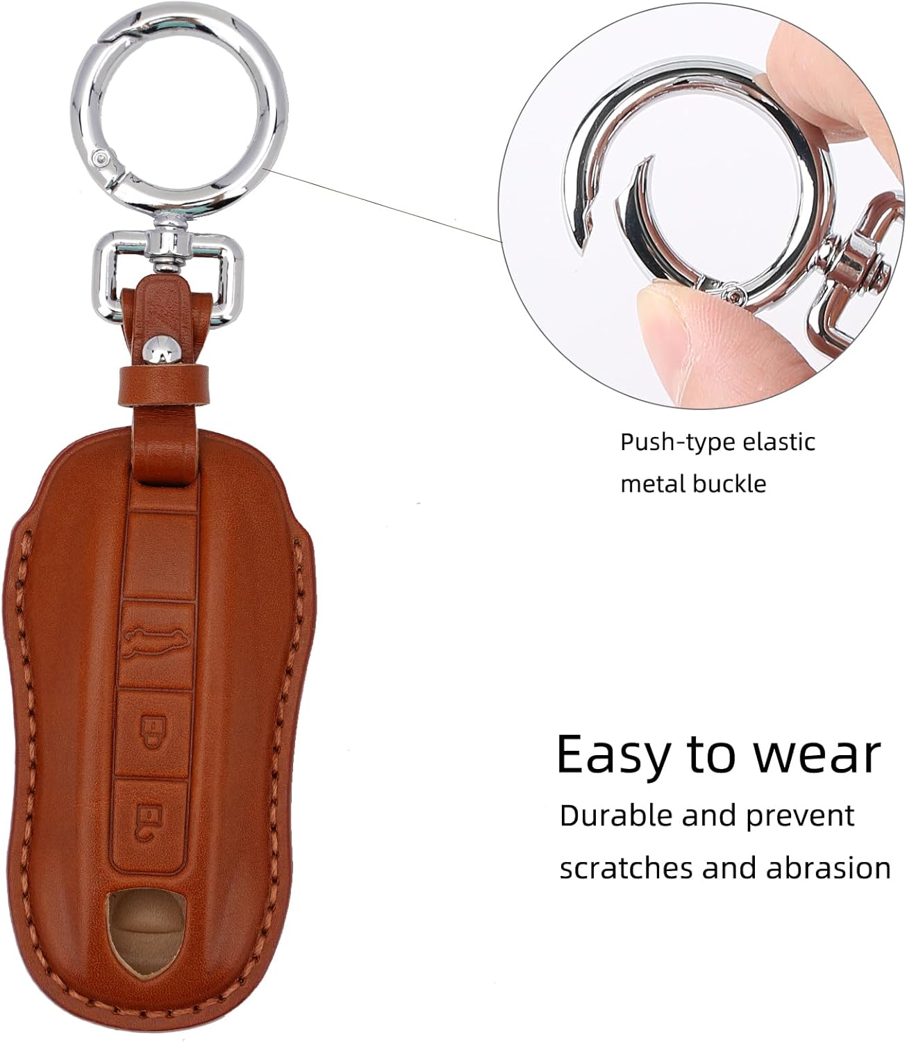 for Porsche Leather Key Fob Cover with Keychain Key Shell Compatible with 2020-2021 Porsche Cayenne, Macan Smart Key (Dark brown)