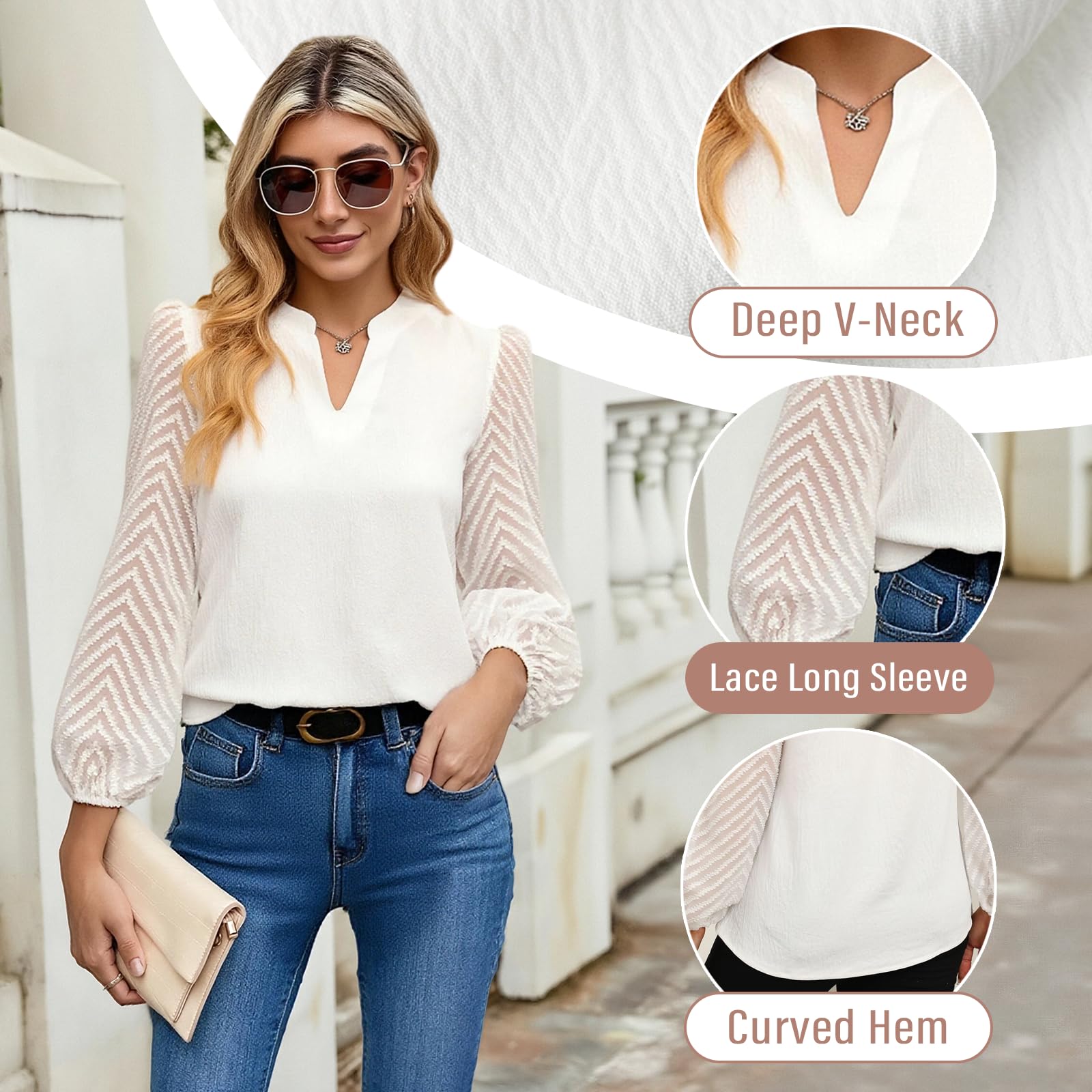 Camicetta Donna Elegante in Chiffon, Camicia a Manica Lunga con Scollo a V e Pizzo - Blusa o Top Chic per Cerimonia, Lavoro e Tempo Libero