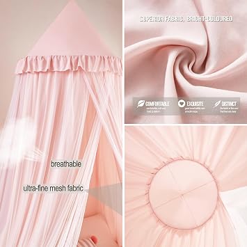 Kertnic Princess Bed Canopy for Girls, Double Layer Round Bed Mosquito Net, 31.5 Large Dome Indoor Castle Bed Tent, Sleeping & Reading Nook Curtain for Boys Girls (Beige Pink)