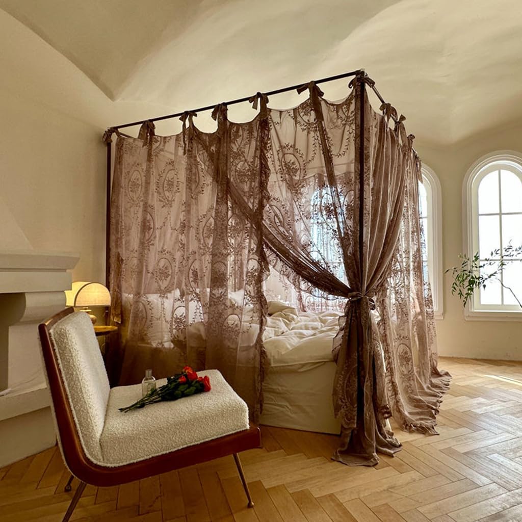 Elegante Spitze Prinzessin 4 Eckpfosten Moskitonetz Romantisch für Mädchen Frauen Bettvorhang Baldachin für Erwachsene Hochzeit Schlafzimmer Kinderzimmer Dekoration (Kaffee-2, Queen)