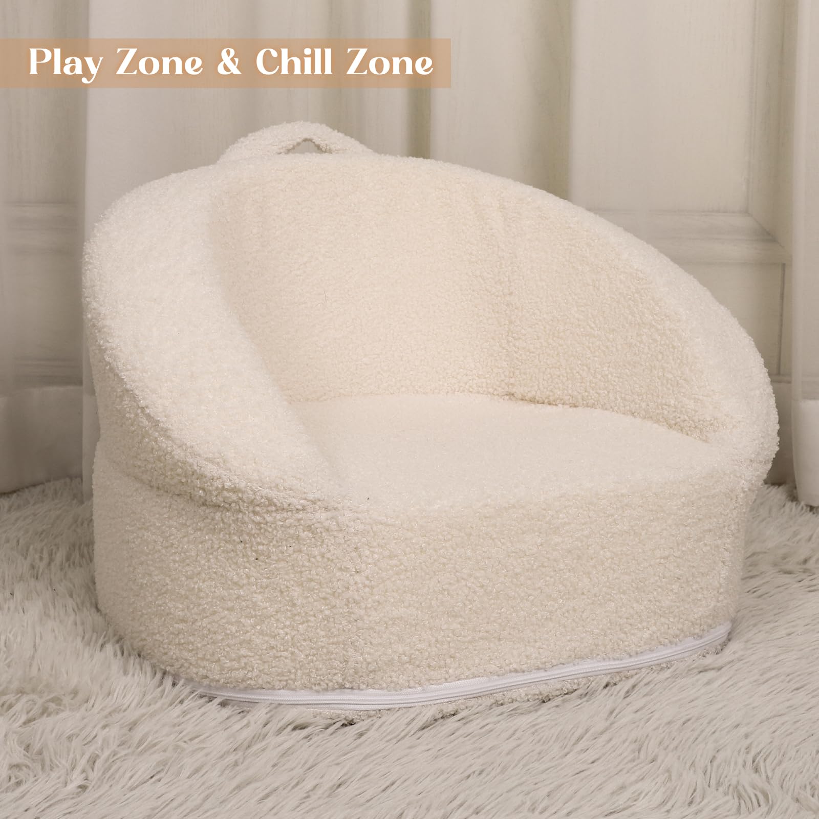 Mini sofá de peluche para niños, silla portátil compacta de 17.3 pulgadas con asa de transporte, funda lavable, diseño seguro y resistente, adecuada para niños y niñas, color blanco 5