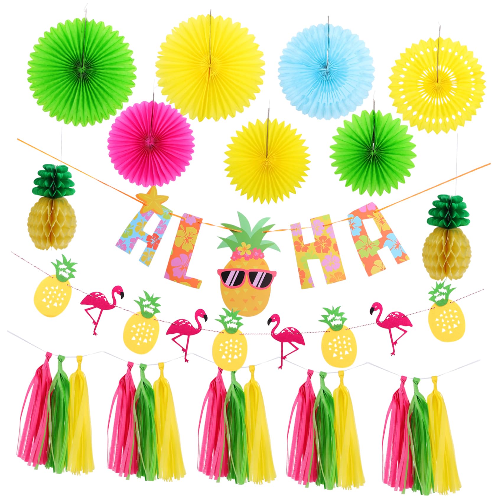 ORFOFE Set Decorativo Tema Hawaiano Fenicottero, Frutta, Aloha, Bandierine e Frange per Feste Estive