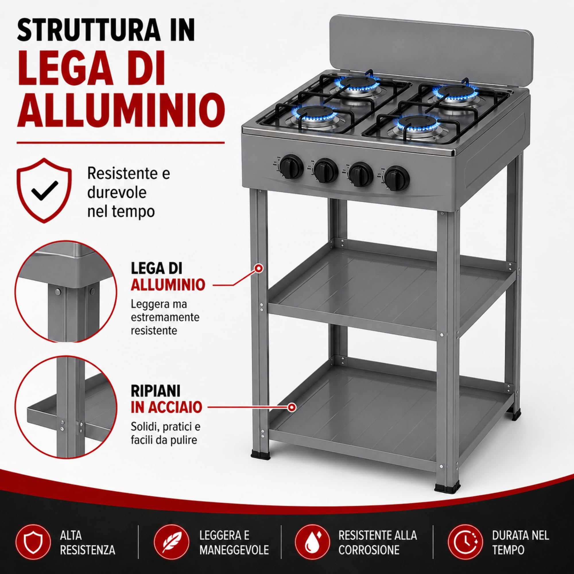 Fornello a Gas 4 Fuochi con Mobile e 2 Ripiani Acciaio, Cucina Compatta in Alluminio con Controllo Fiamma, Piano Cottura 82x49x49 cm per Interno ed Esterno, Grigio