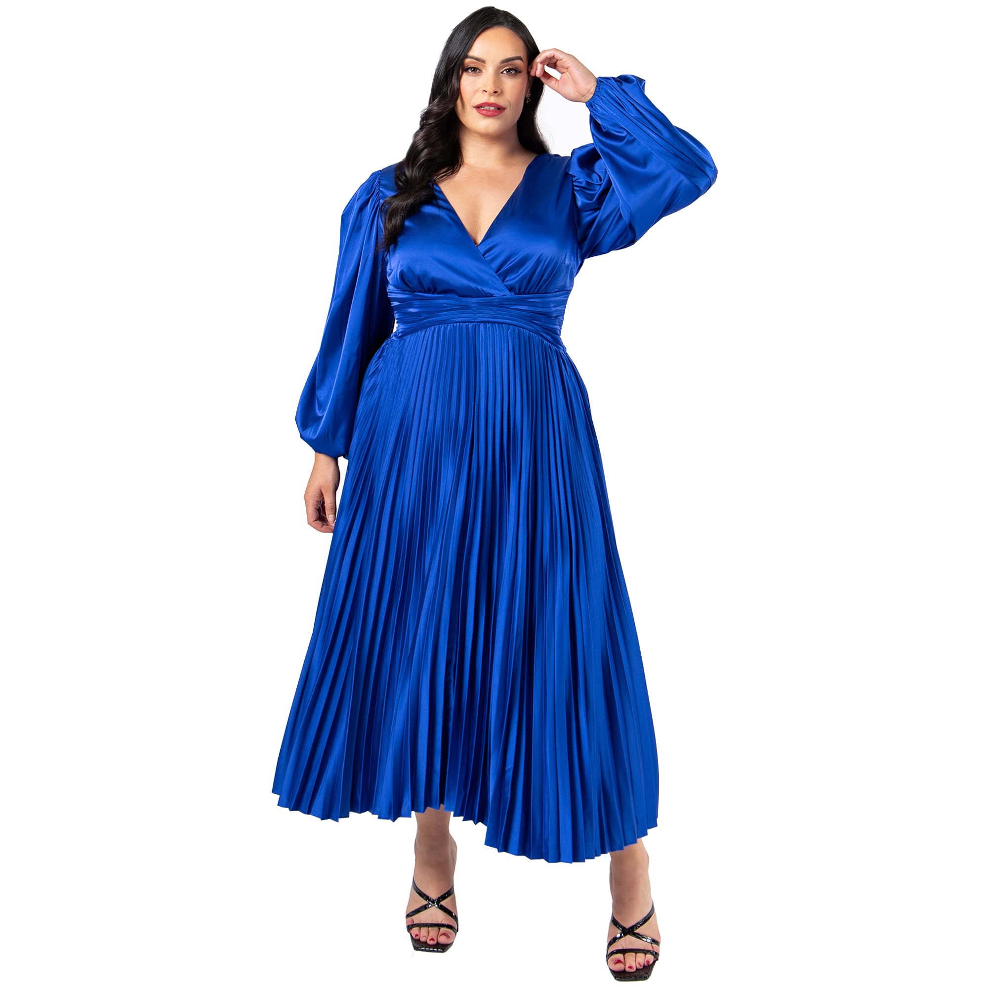 Lovedrobe Pleated Midaxi Dress Ladies Evening Gown V Neckline Back Keyhole Long Sleeve Bishop Satin A Line Cobalt Size 18