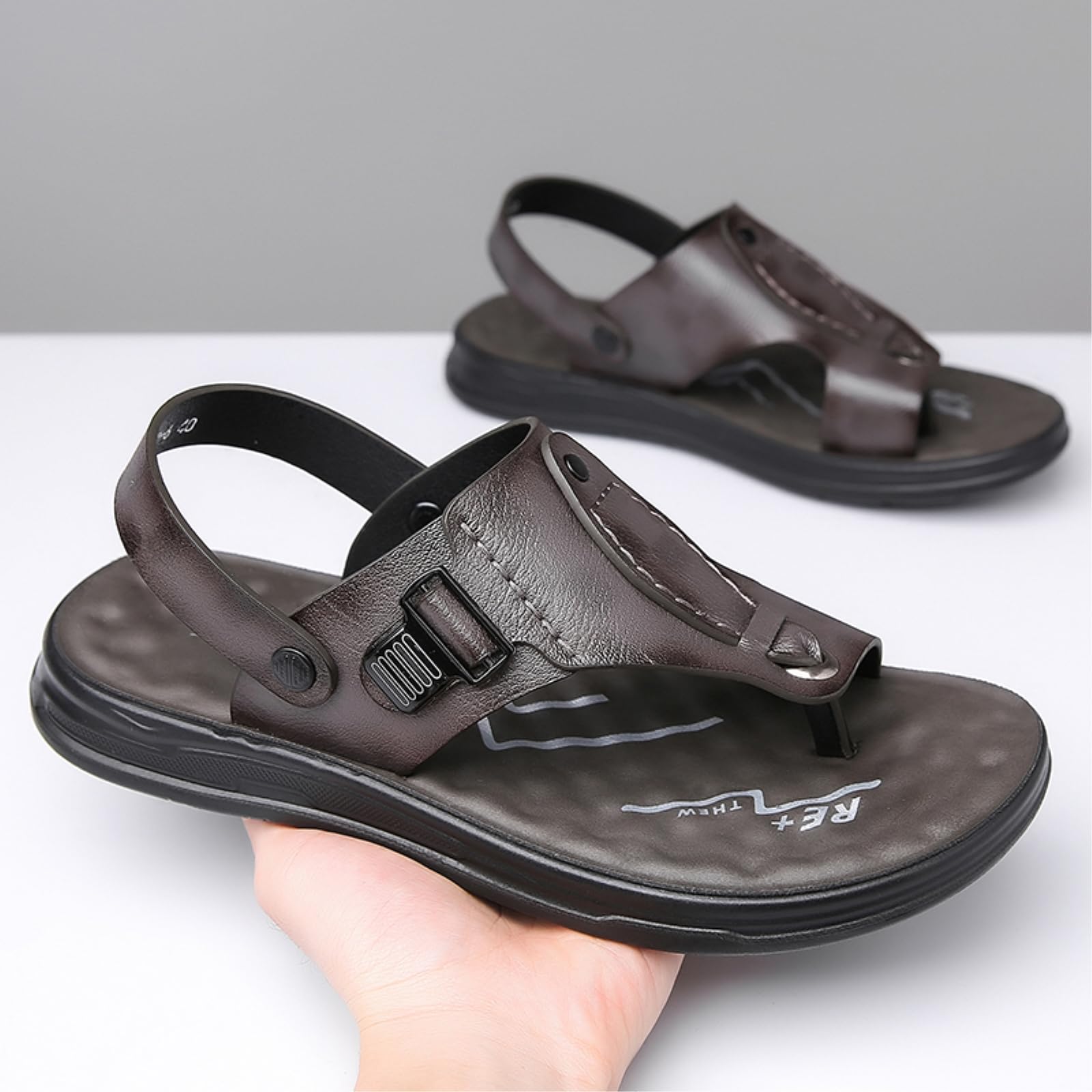 Infradito Sandali da Uomo Regolabili A Due Indossamenti in Pelle, Flip Flops Versatili per Uso Casual E Quotidiano-black-46