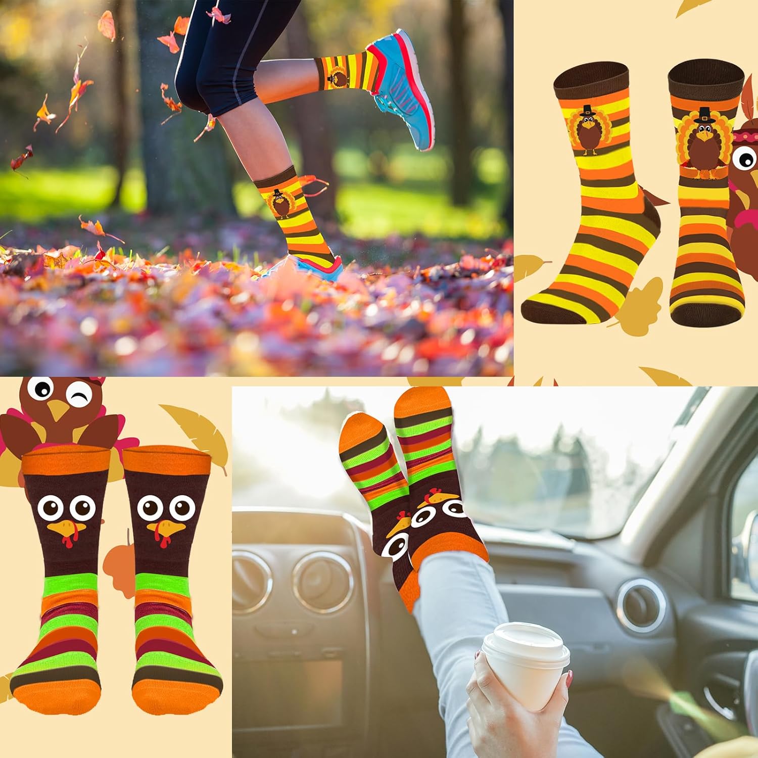 4 Pairs Thanksgiving Socks Turkey Socks Fall Sock Holiday Novelty Autumn Sock for Women Men - Image 5