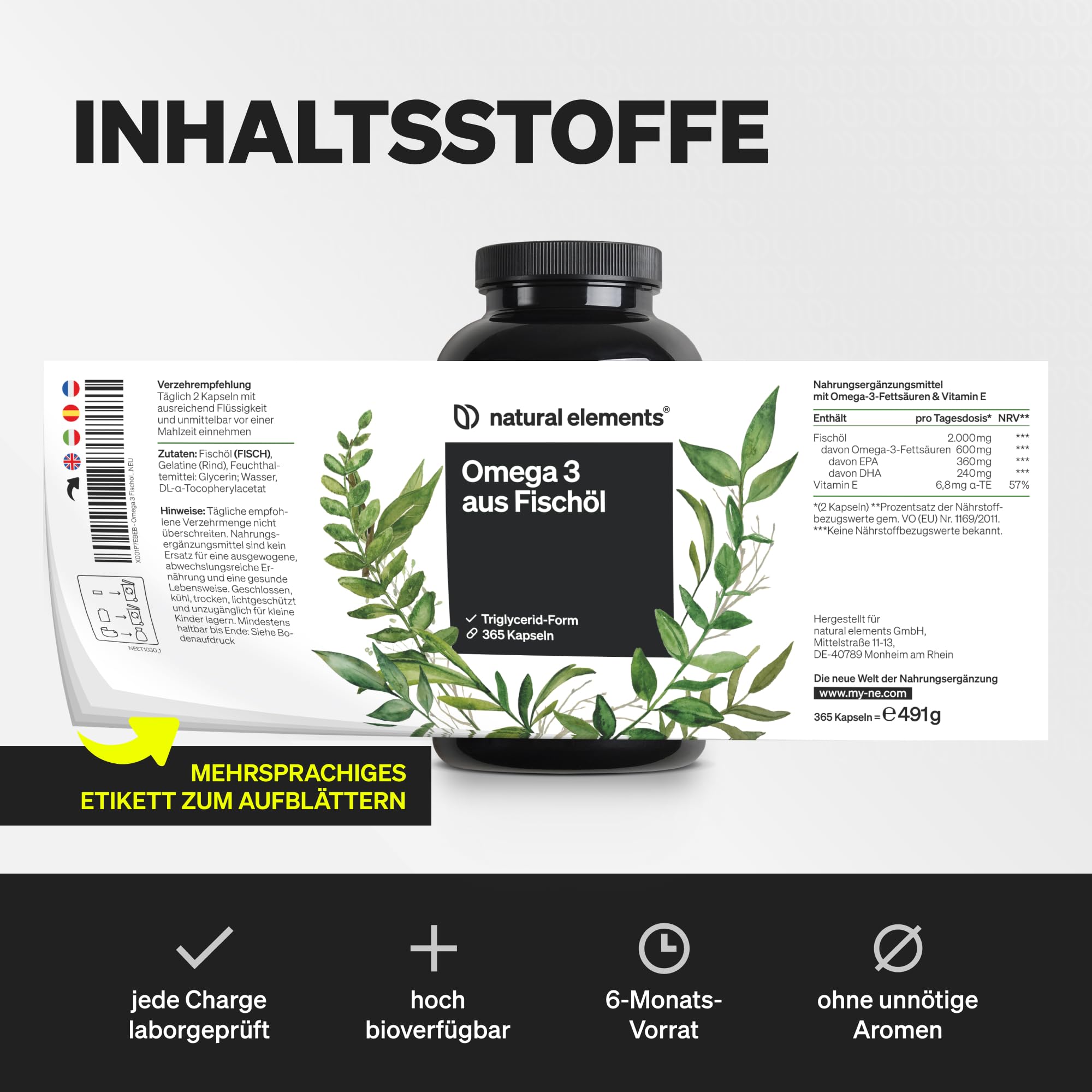 natural elements Omega 3 – 365 Kapseln – 2000mg Fischöl pro Tagesdosis – mit EPA und DHA in Triglycerid-Form – Laborgeprüft und aufwendig aufgereinigt