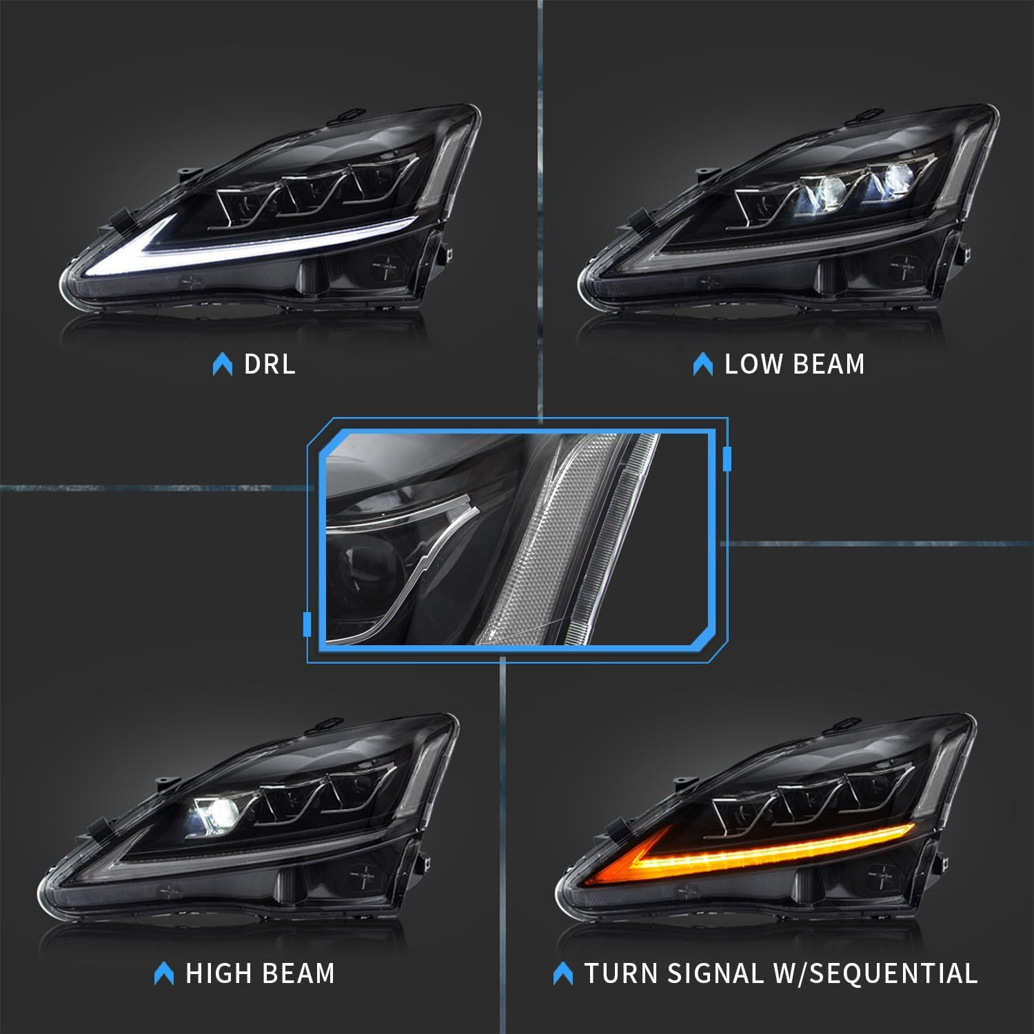 VLAND Led Headlights and Tail Lights Compatible with Lexus IS250 IS350 IS220d 2006-2012, ISF 2008-2014 (NOT Fit IS250C/ IS350C) Clear Headlamps+ Smoke Rear Lamp Assembly